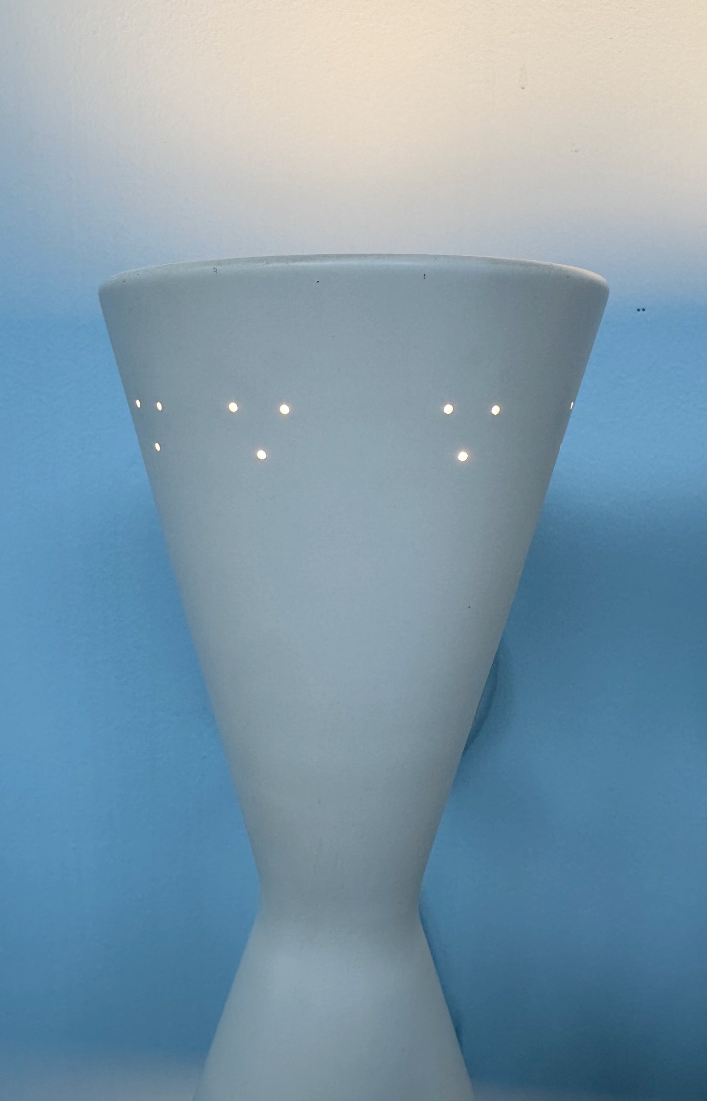 SOLD – Set of Four Litecraft Mid Century Sconces in White and Chrome with Pinhole Design