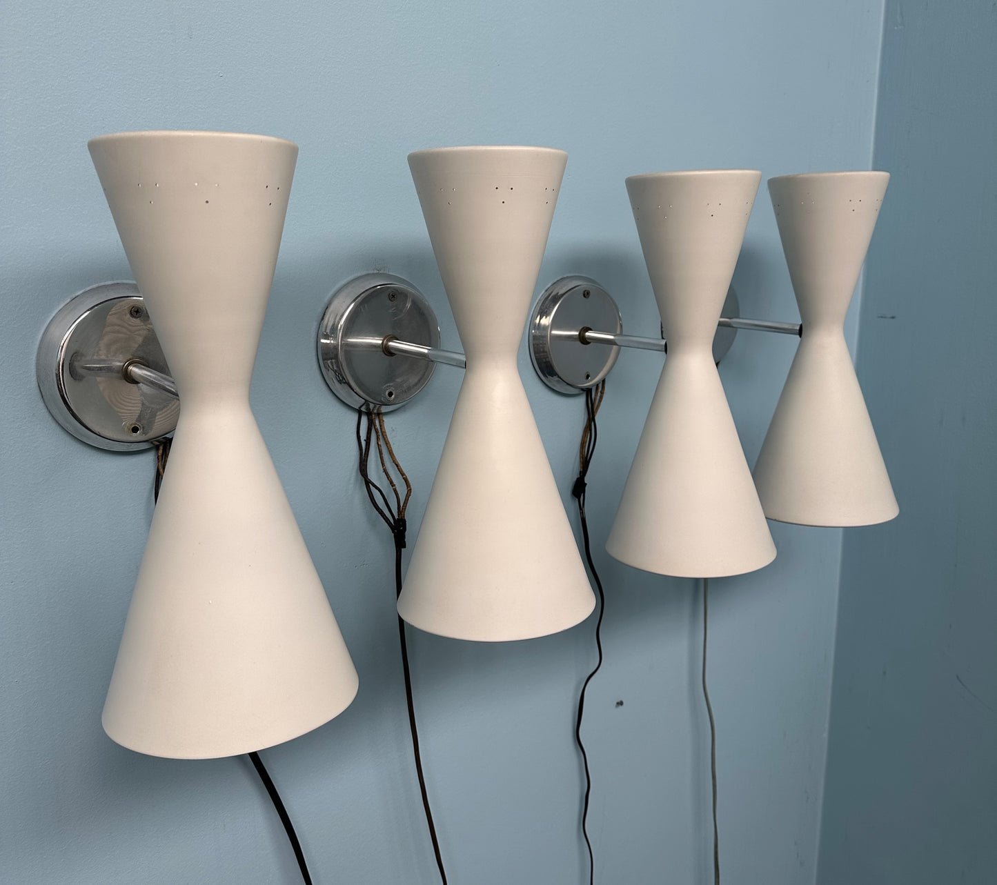 SOLD – Set of Four Litecraft Mid Century Sconces in White and Chrome with Pinhole Design
