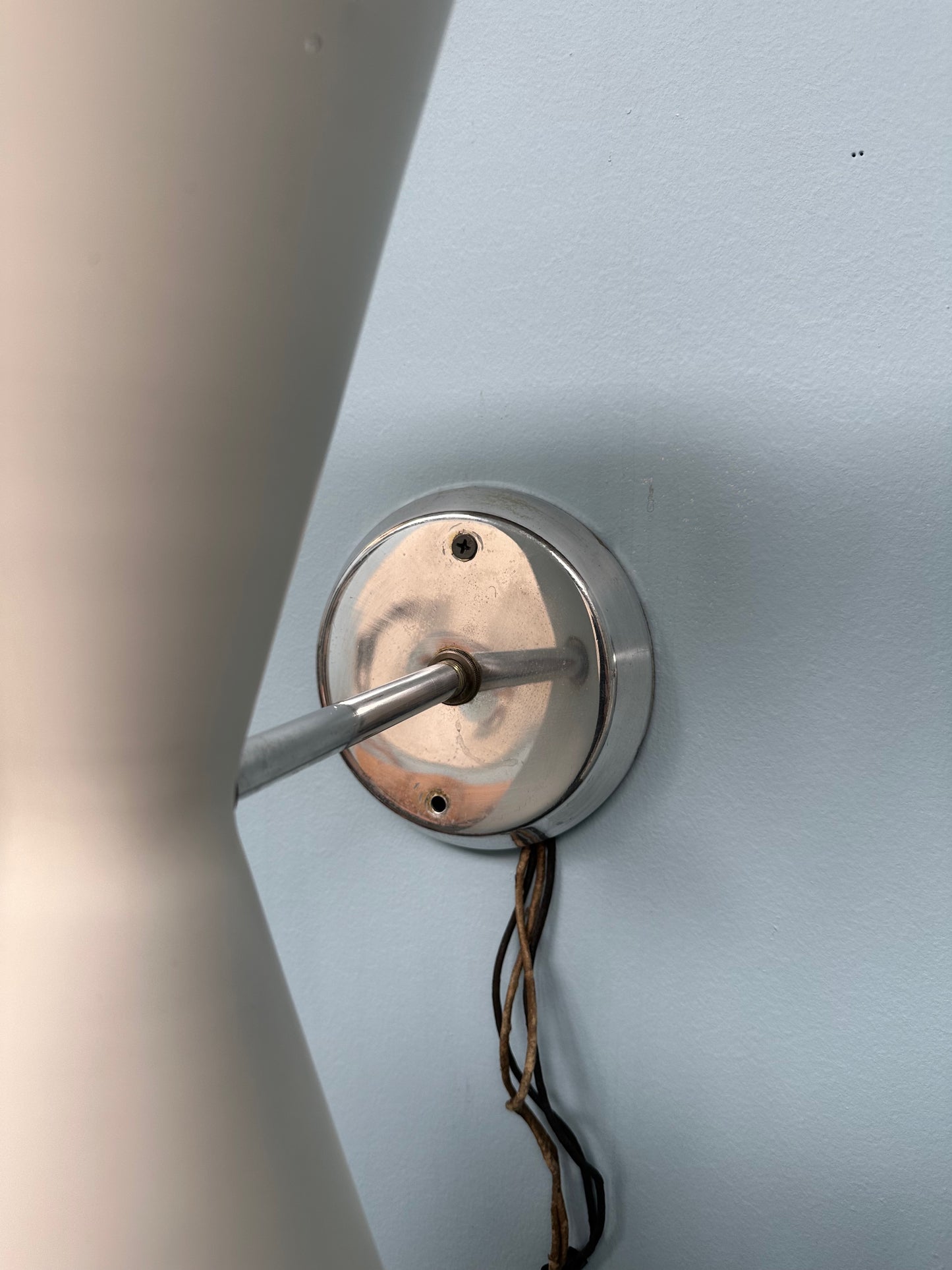 SOLD – Set of Four Litecraft Mid Century Sconces in White and Chrome with Pinhole Design