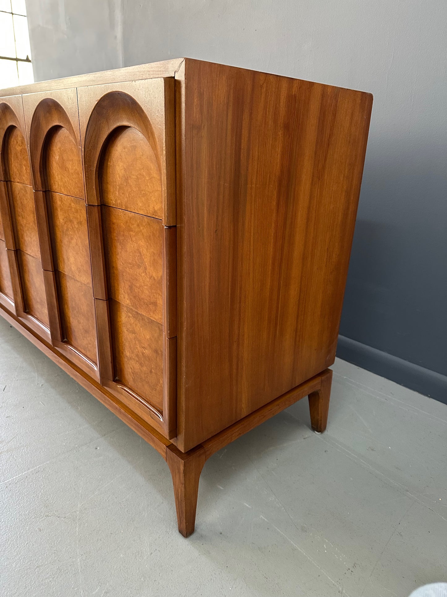 SOLD – Thomasville Sculptural 'Arched' 9 Drawer Dresser Walnut, Olive Burl