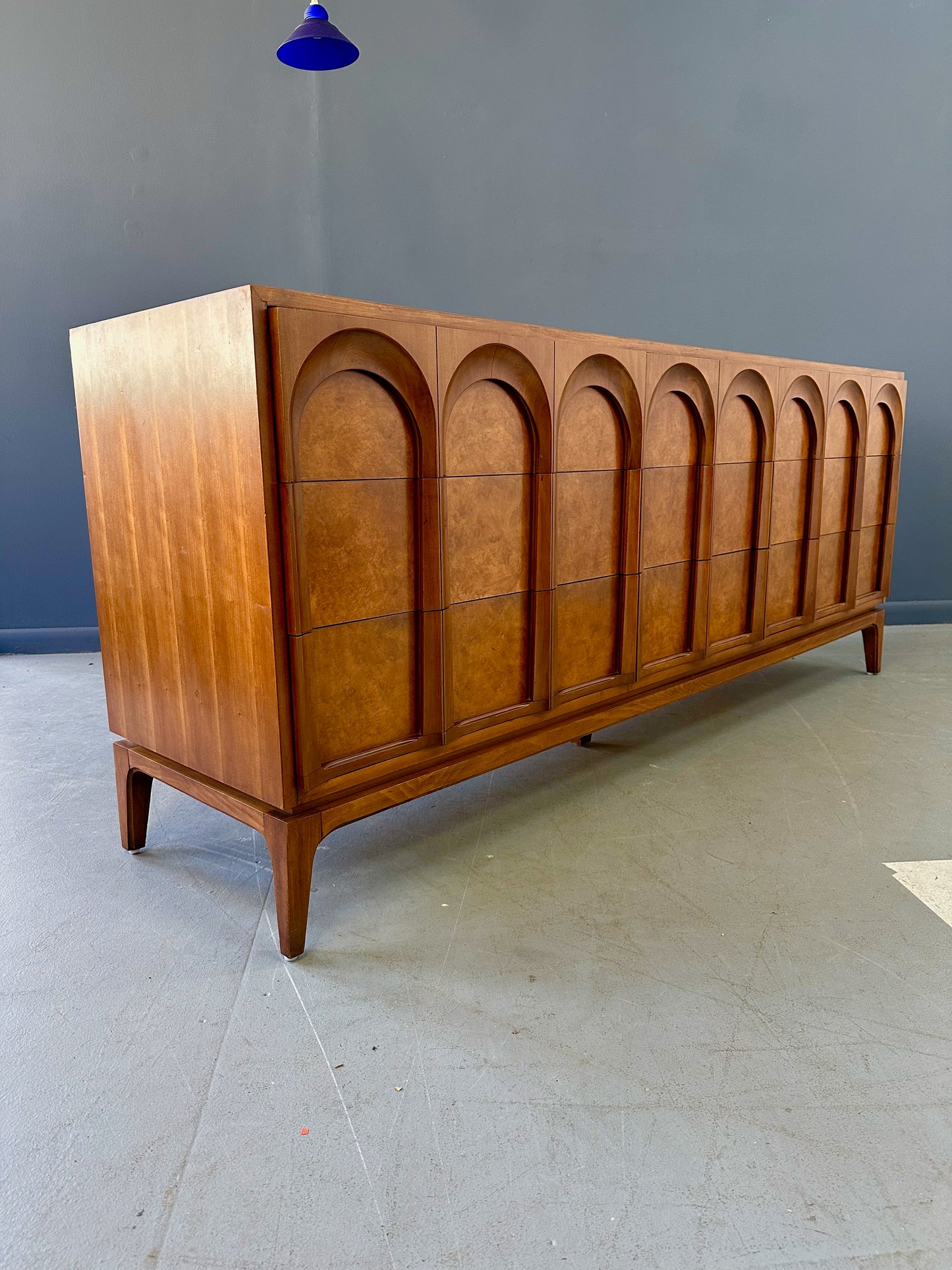 SOLD – Thomasville Sculptural 'Arched' 9 Drawer Dresser Walnut, Olive Burl