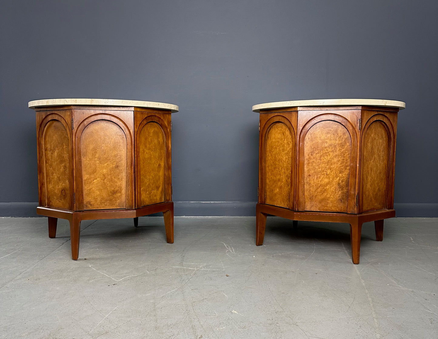 Pair of Thomasville 'Arched' Series End Tables or Nightstands Featuring Travertine Tops, Walnut Frames, and Olive Burl Panels