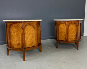 Pair of Thomasville "Arched" Series End Table/Nightstands Travertine, Walnut & Olive Burl