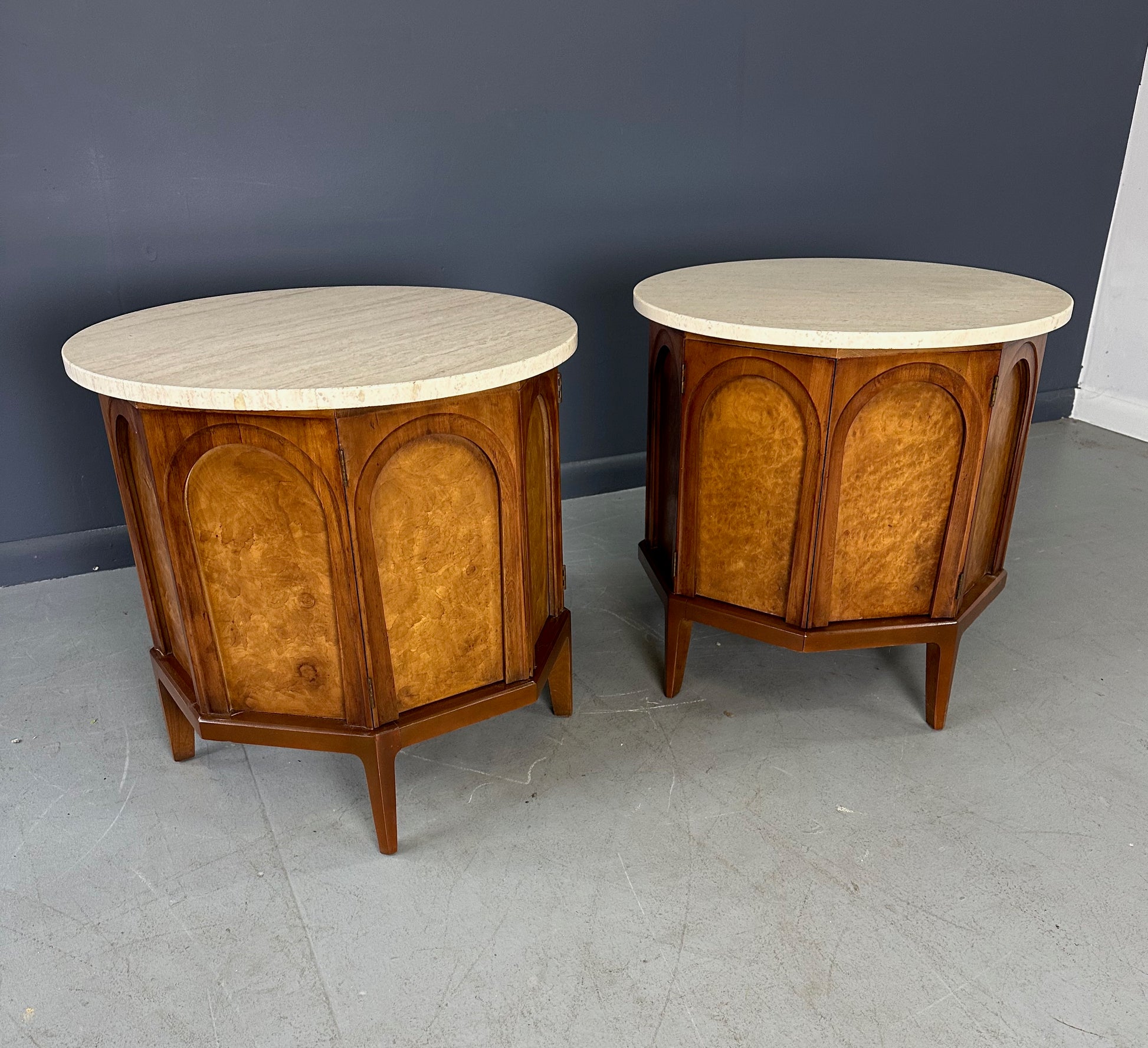 Pair of Thomasville 'Arched' Series End Tables or Nightstands Featuring Travertine Tops, Walnut Frames, and Olive Burl Panels