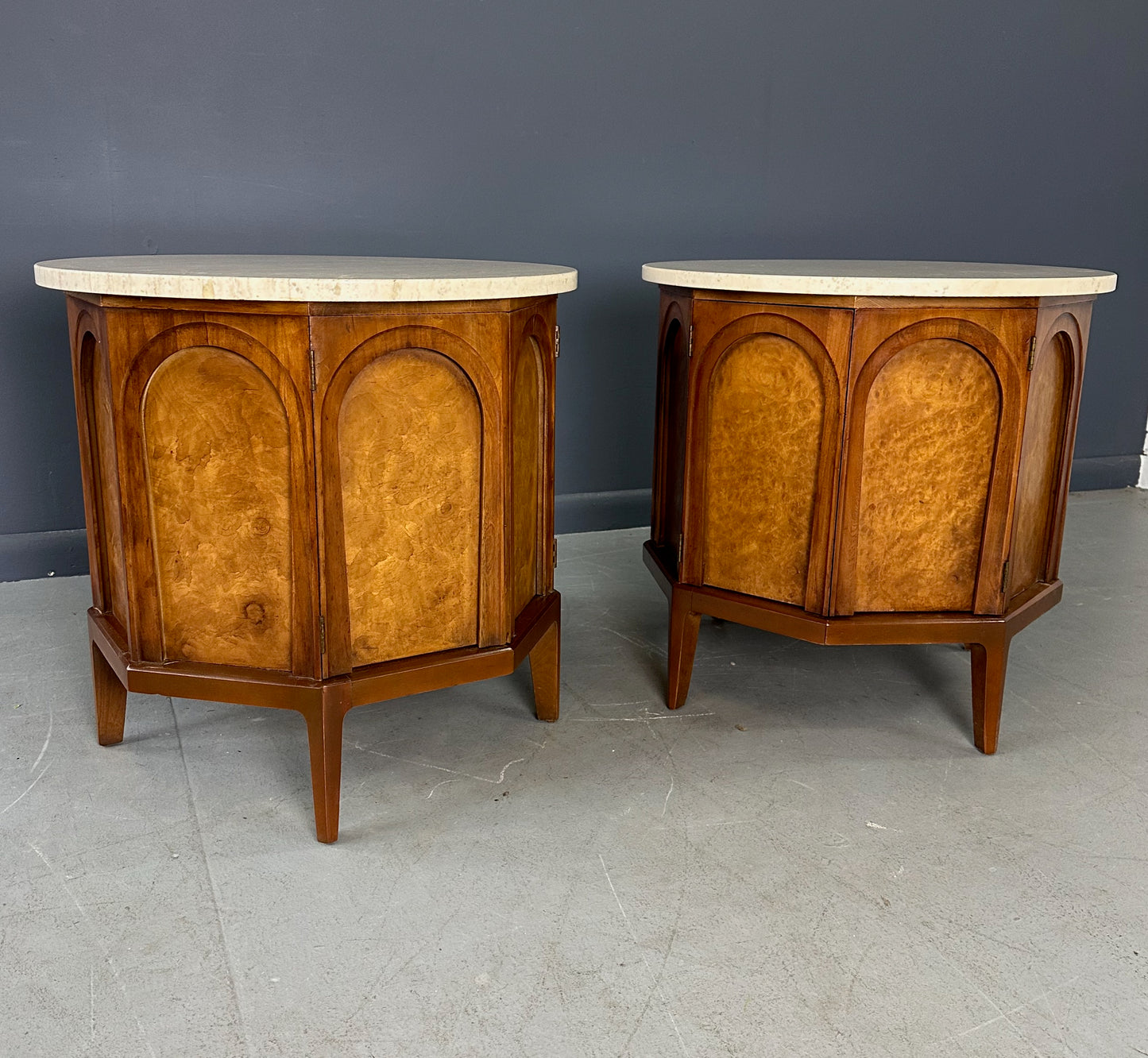 Pair of Thomasville 'Arched' Series End Tables or Nightstands Featuring Travertine Tops, Walnut Frames, and Olive Burl Panels