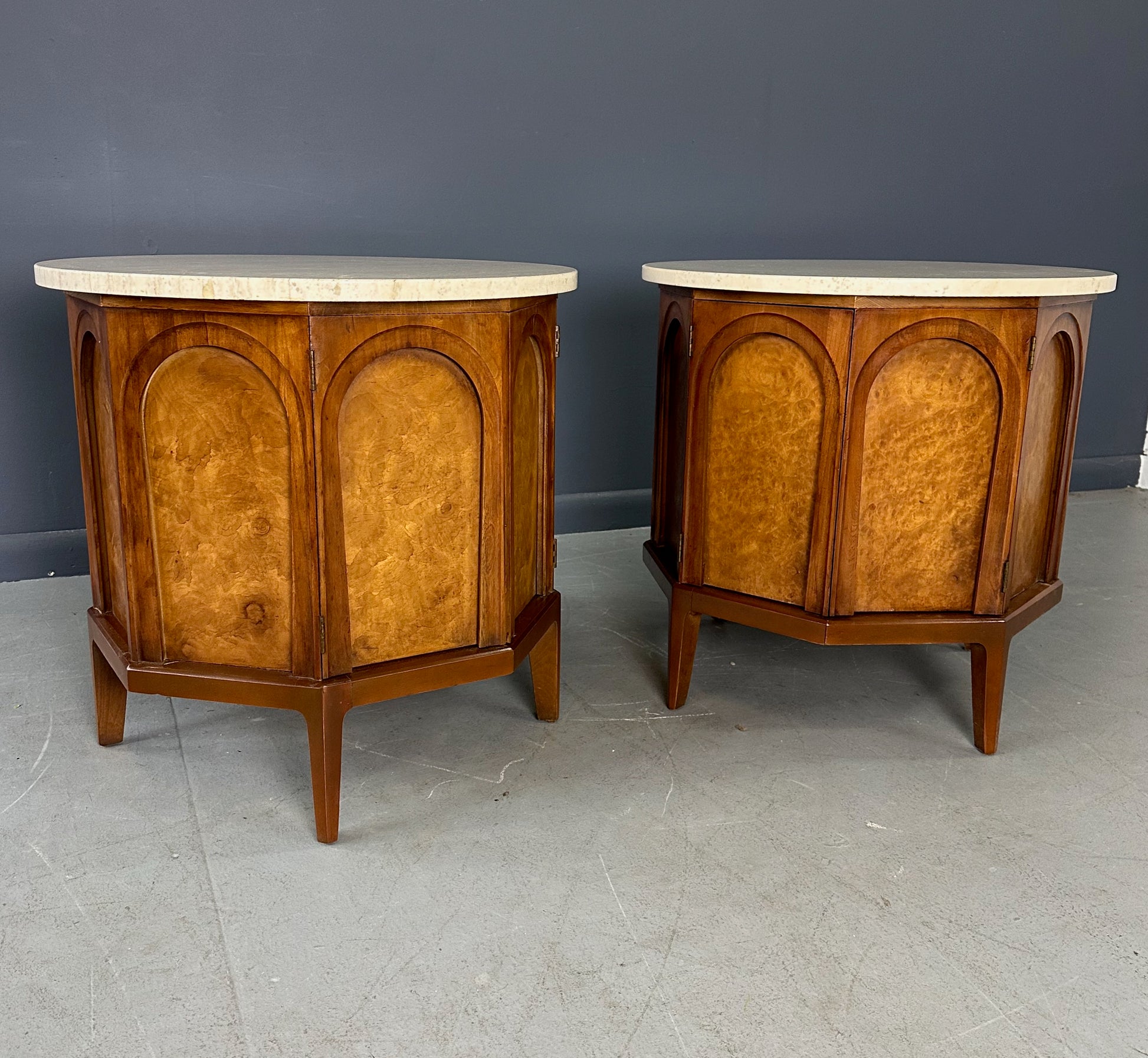 Pair of Thomasville 'Arched' Series End Tables or Nightstands Featuring Travertine Tops, Walnut Frames, and Olive Burl Panels