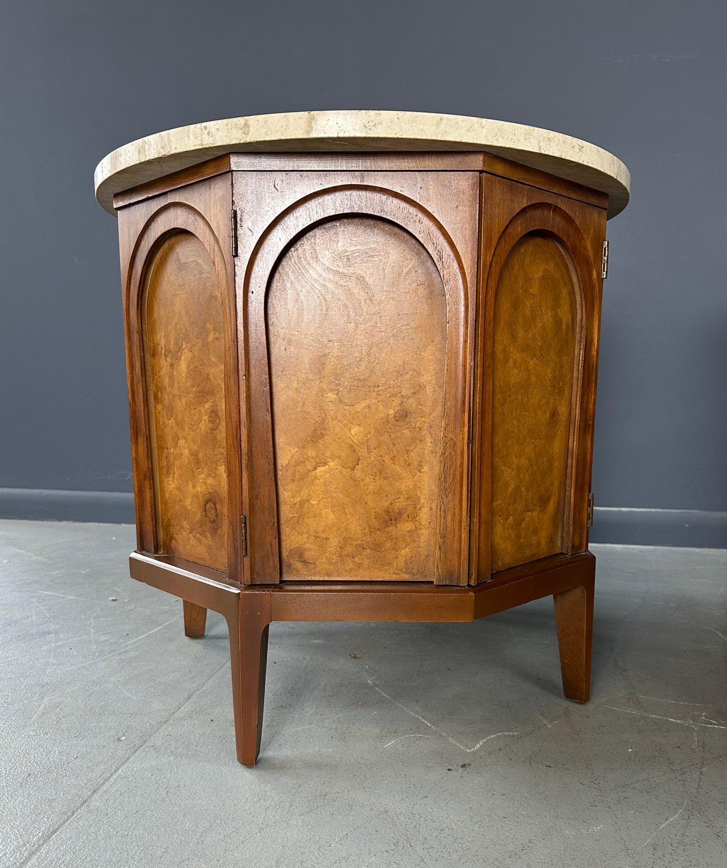 Pair of Thomasville 'Arched' Series End Tables or Nightstands Featuring Travertine Tops, Walnut Frames, and Olive Burl Panels