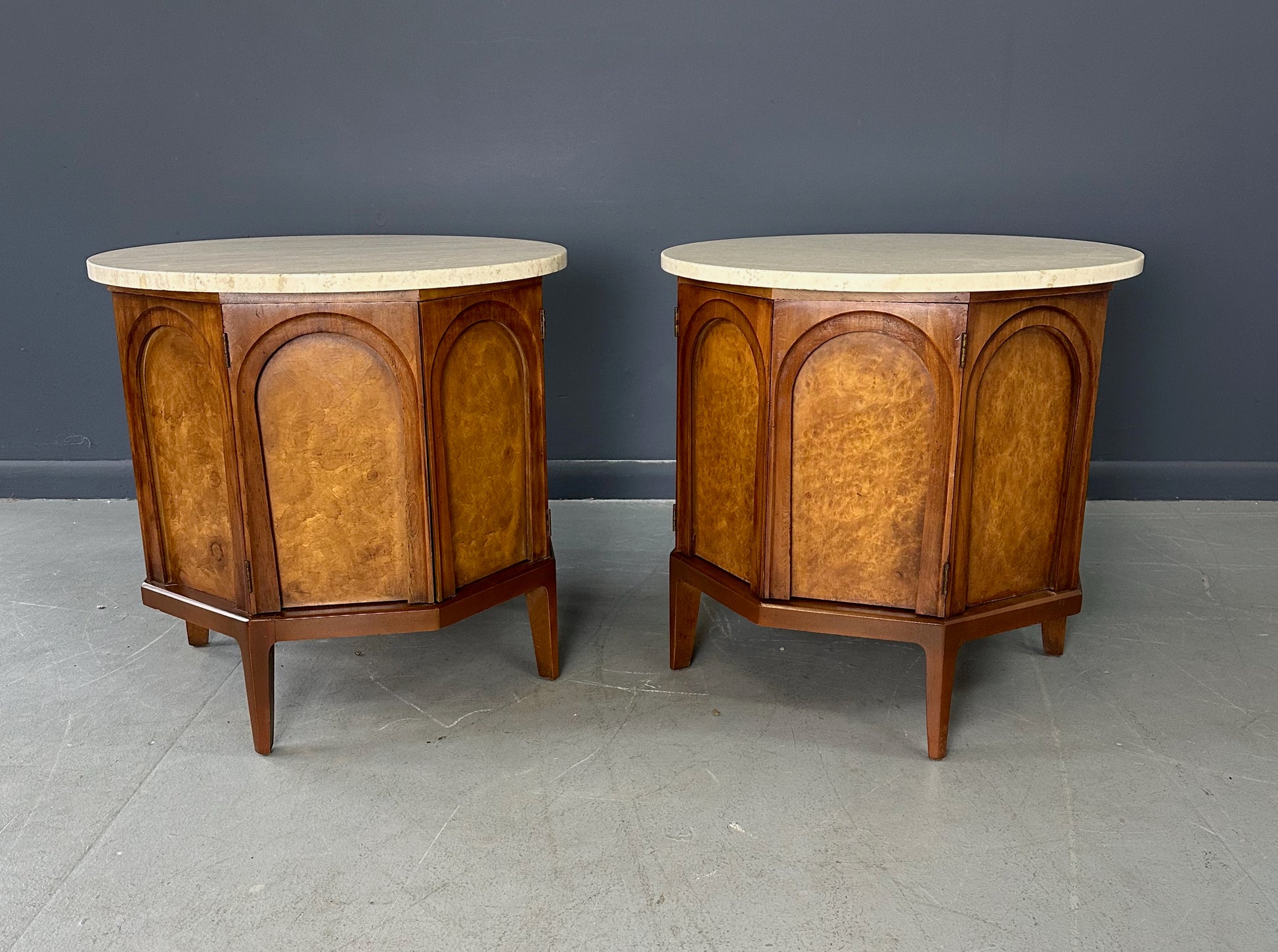 Pair of Thomasville 'Arched' Series End Tables or Nightstands Featuring Travertine Tops, Walnut Frames, and Olive Burl Panels