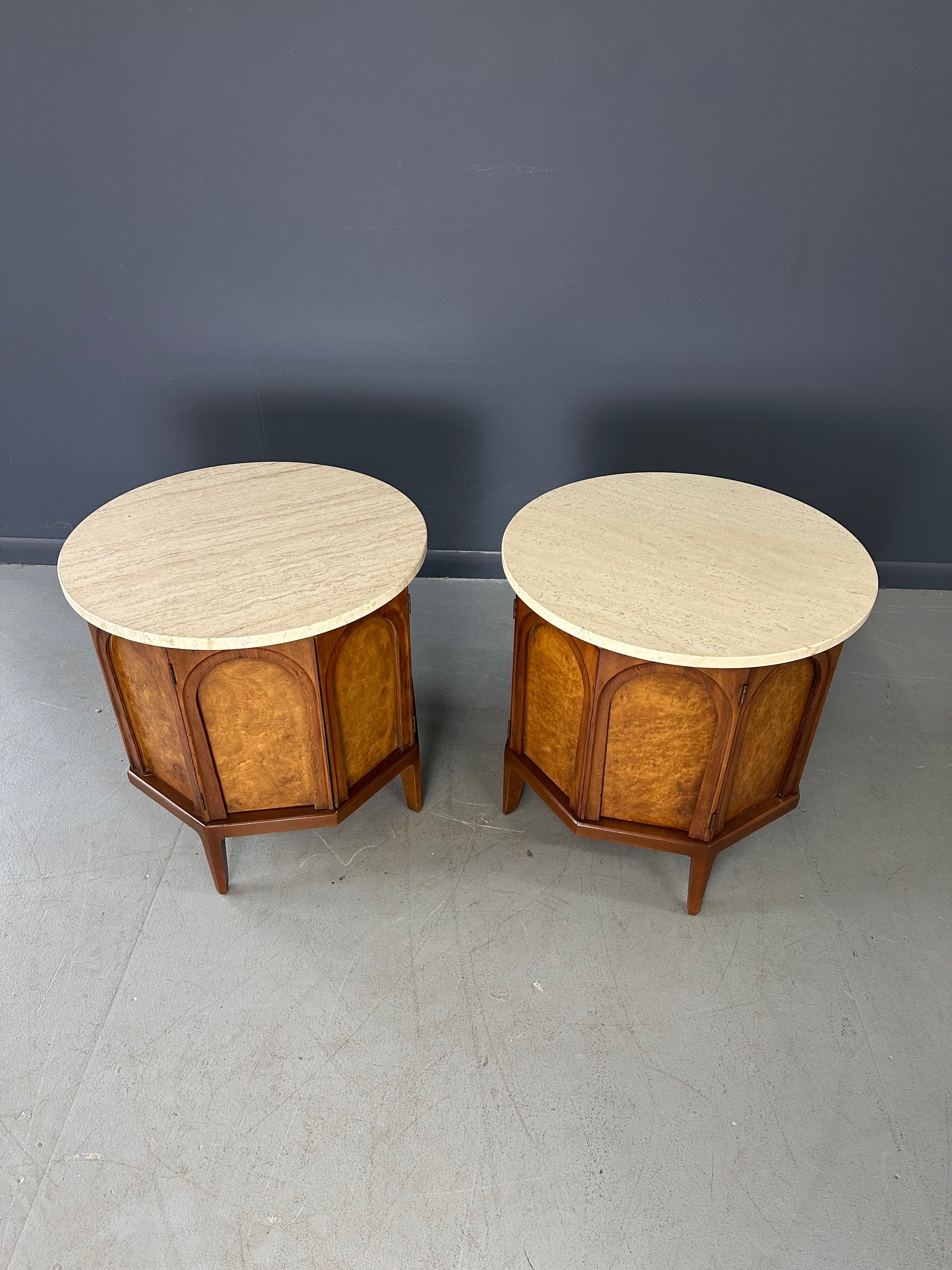 Pair of Thomasville 'Arched' Series End Tables or Nightstands Featuring Travertine Tops, Walnut Frames, and Olive Burl Panels