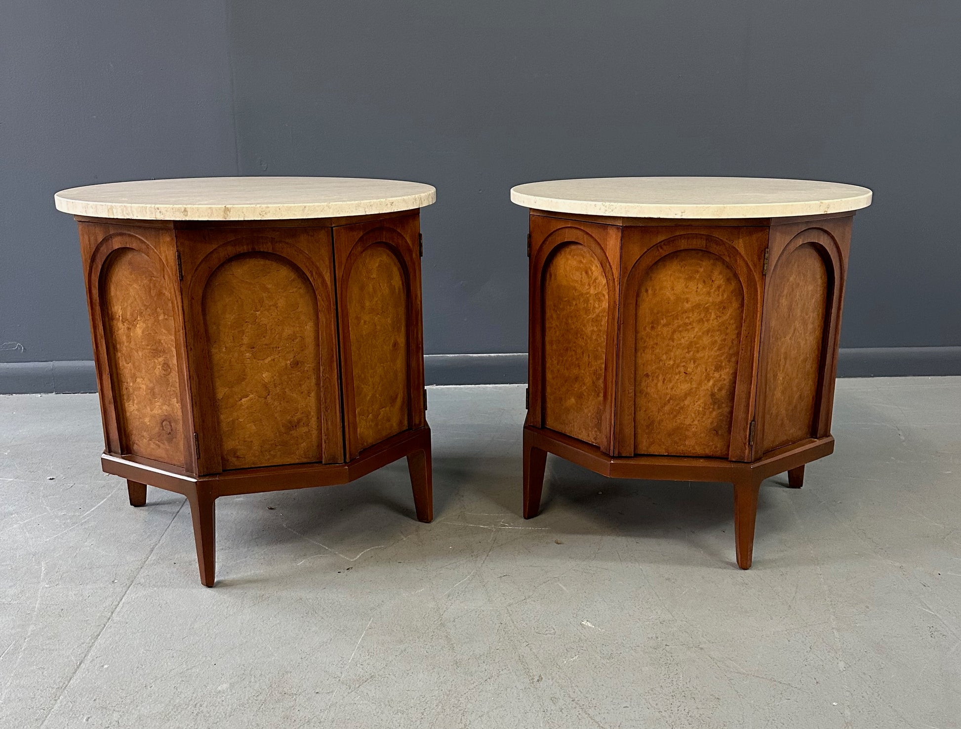 Pair of Thomasville 'Arched' Series End Tables or Nightstands Featuring Travertine Tops, Walnut Frames, and Olive Burl Panels