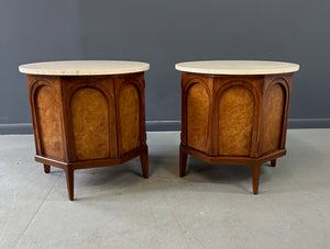 Pair of Thomasville "Arched" Series End Table/Nightstands Travertine, Walnut & Olive Burl