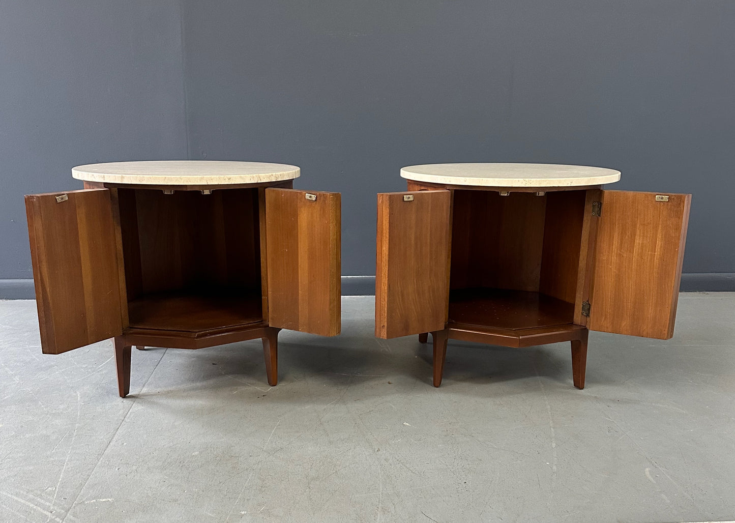 Pair of Thomasville 'Arched' Series End Tables or Nightstands Featuring Travertine Tops, Walnut Frames, and Olive Burl Panels