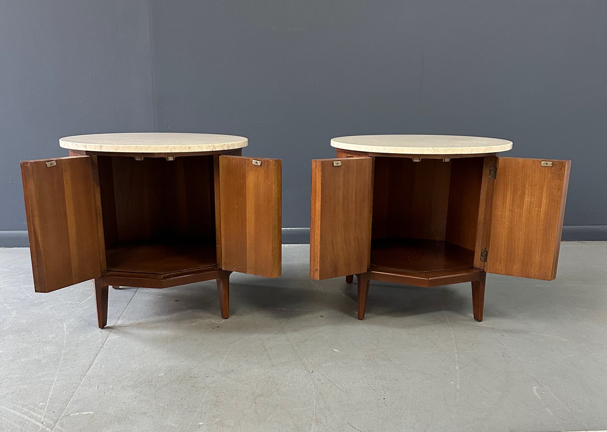 Pair of Thomasville 'Arched' Series End Tables or Nightstands Featuring Travertine Tops, Walnut Frames, and Olive Burl Panels