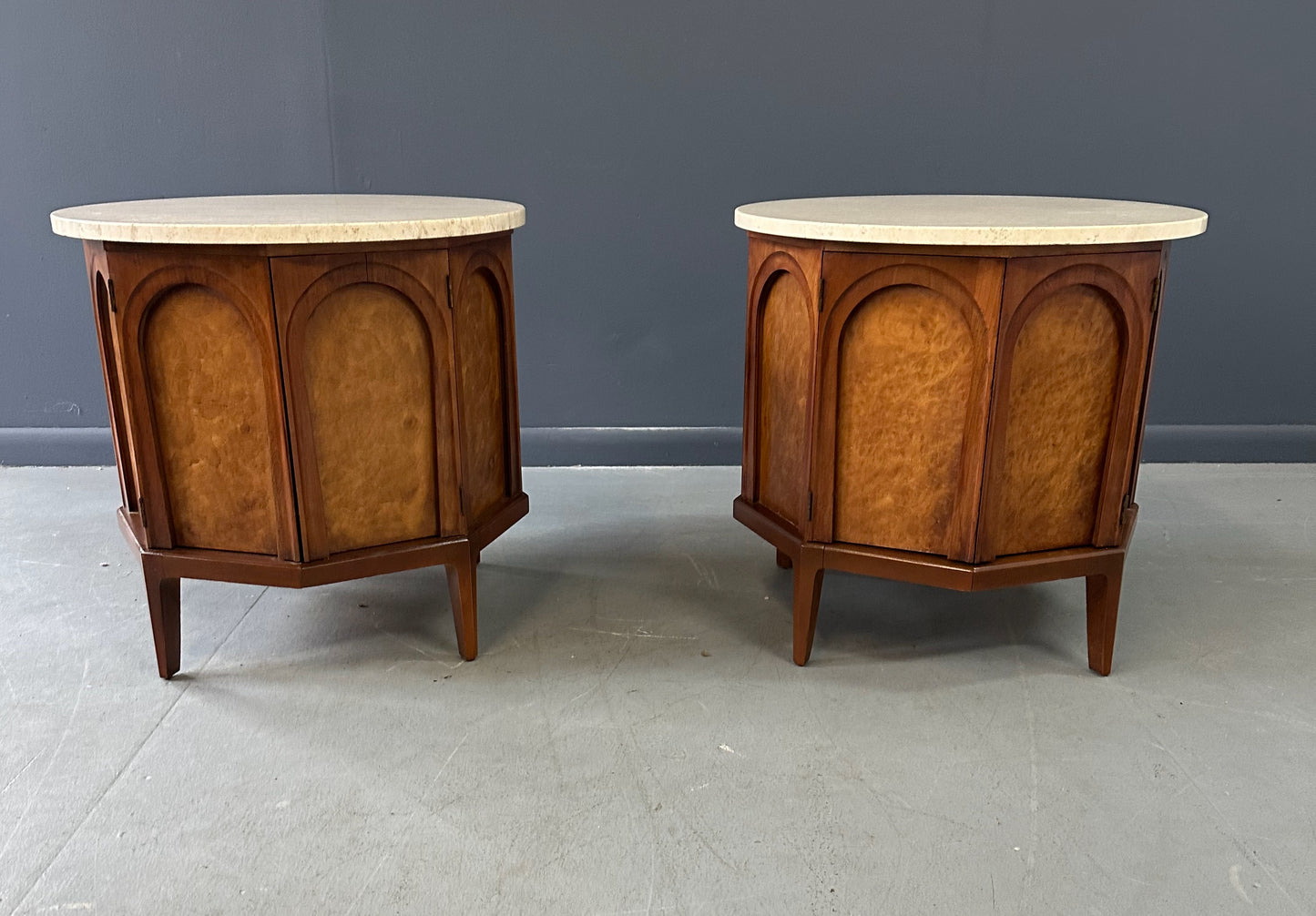 Pair of Thomasville 'Arched' Series End Tables or Nightstands Featuring Travertine Tops, Walnut Frames, and Olive Burl Panels