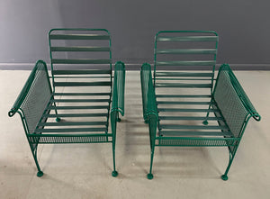 Pair of Vintage Green Metal Lounge Chairs by Woodard in the Style of Josef Hoffmann, Featuring Slatted Backs and Mesh Panels