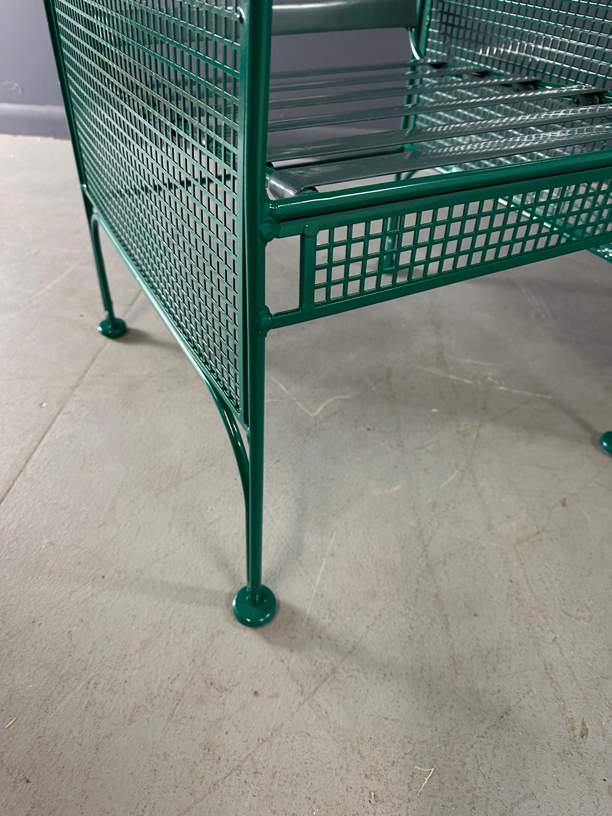 Pair of Vintage Green Metal Lounge Chairs by Woodard in the Style of Josef Hoffmann, Featuring Slatted Backs and Mesh Panels