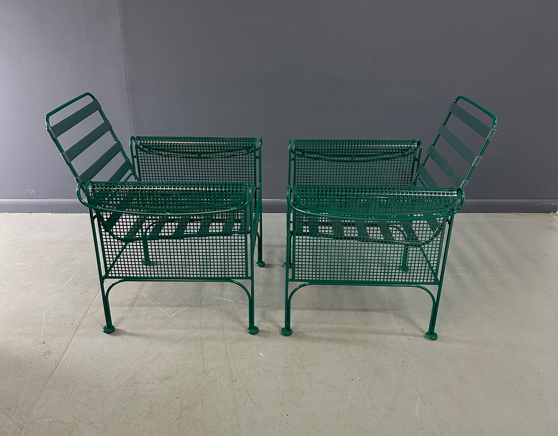 Pair of Vintage Green Metal Lounge Chairs by Woodard in the Style of Josef Hoffmann, Featuring Slatted Backs and Mesh Panels
