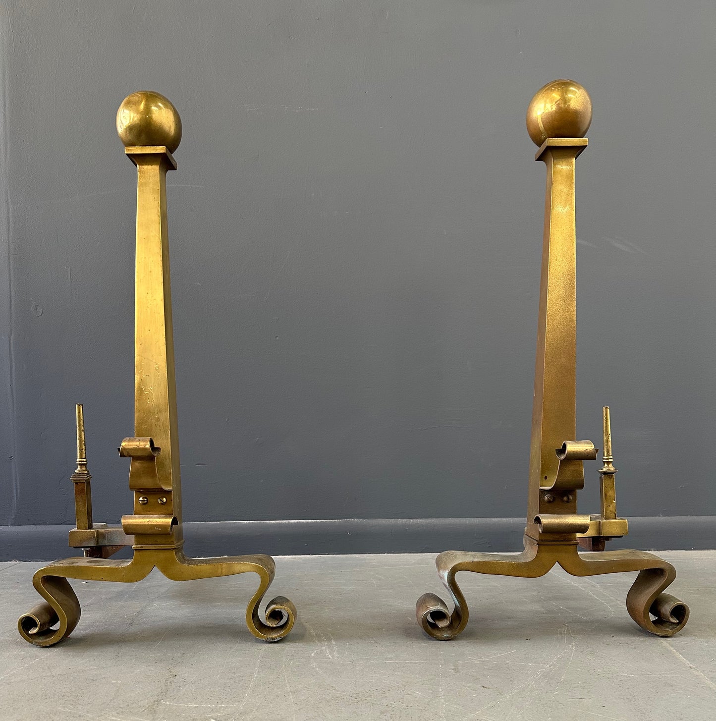 Set of Grand Antique Brass Columnar Andirons with Cannonball Finial