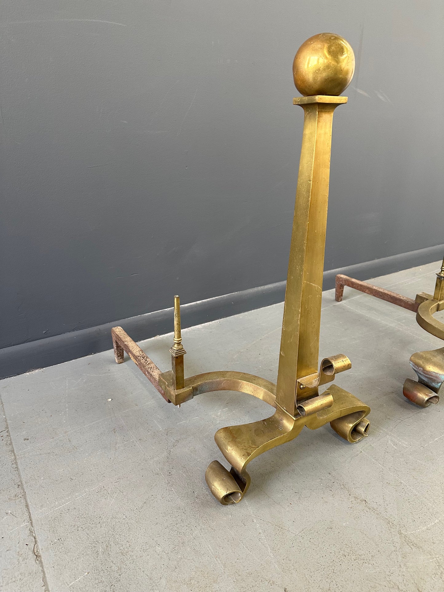 Set of Grand Antique Brass Columnar Andirons with Cannonball Finial