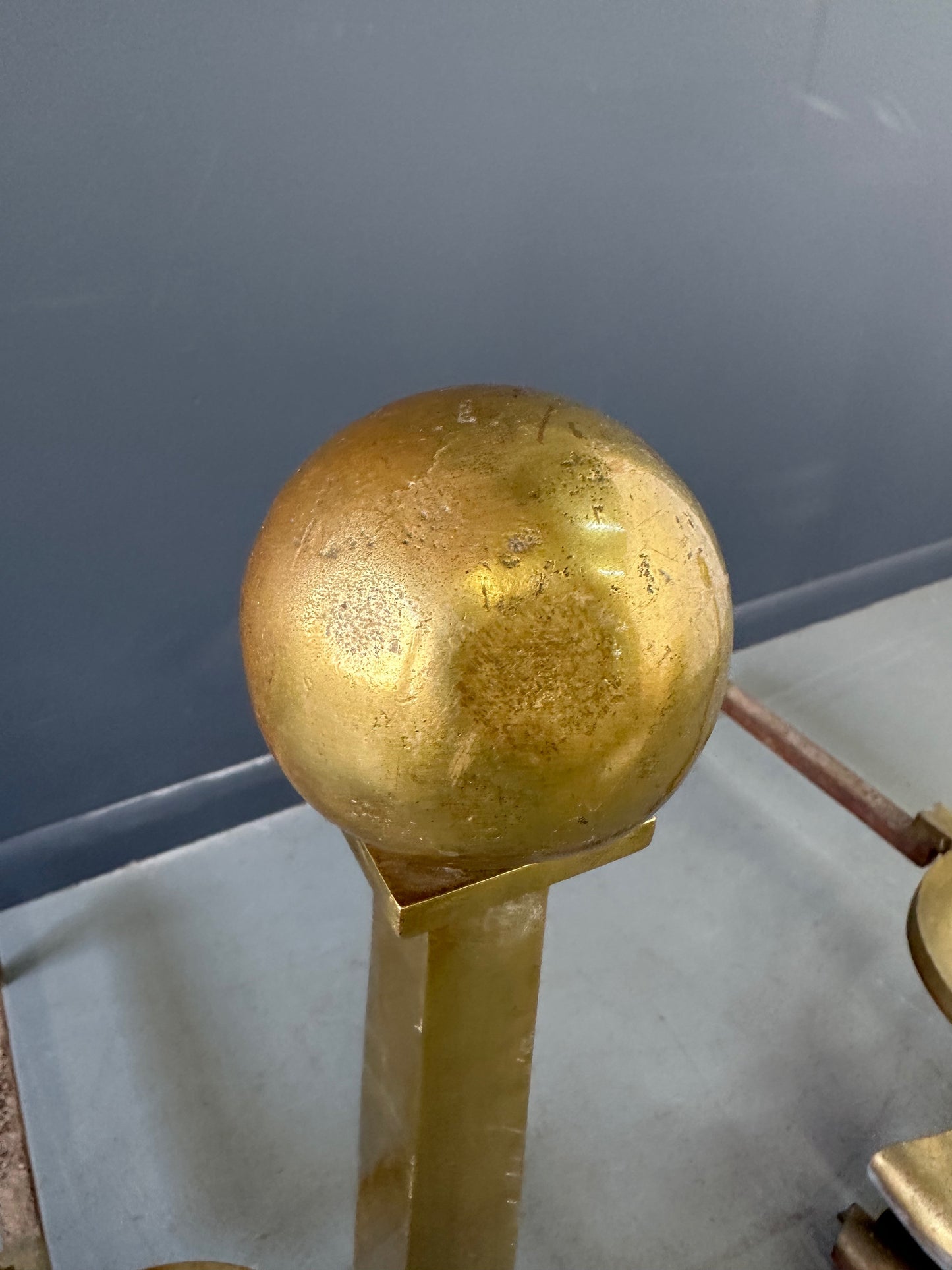Set of Grand Antique Brass Columnar Andirons with Cannonball Finial