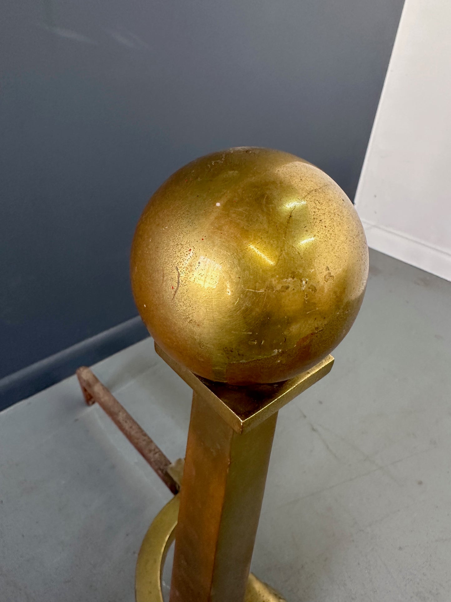 Set of Grand Antique Brass Columnar Andirons with Cannonball Finial