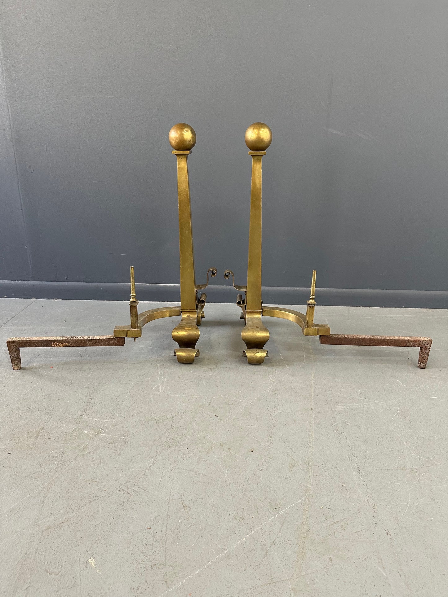 Set of Grand Antique Brass Columnar Andirons with Cannonball Finial