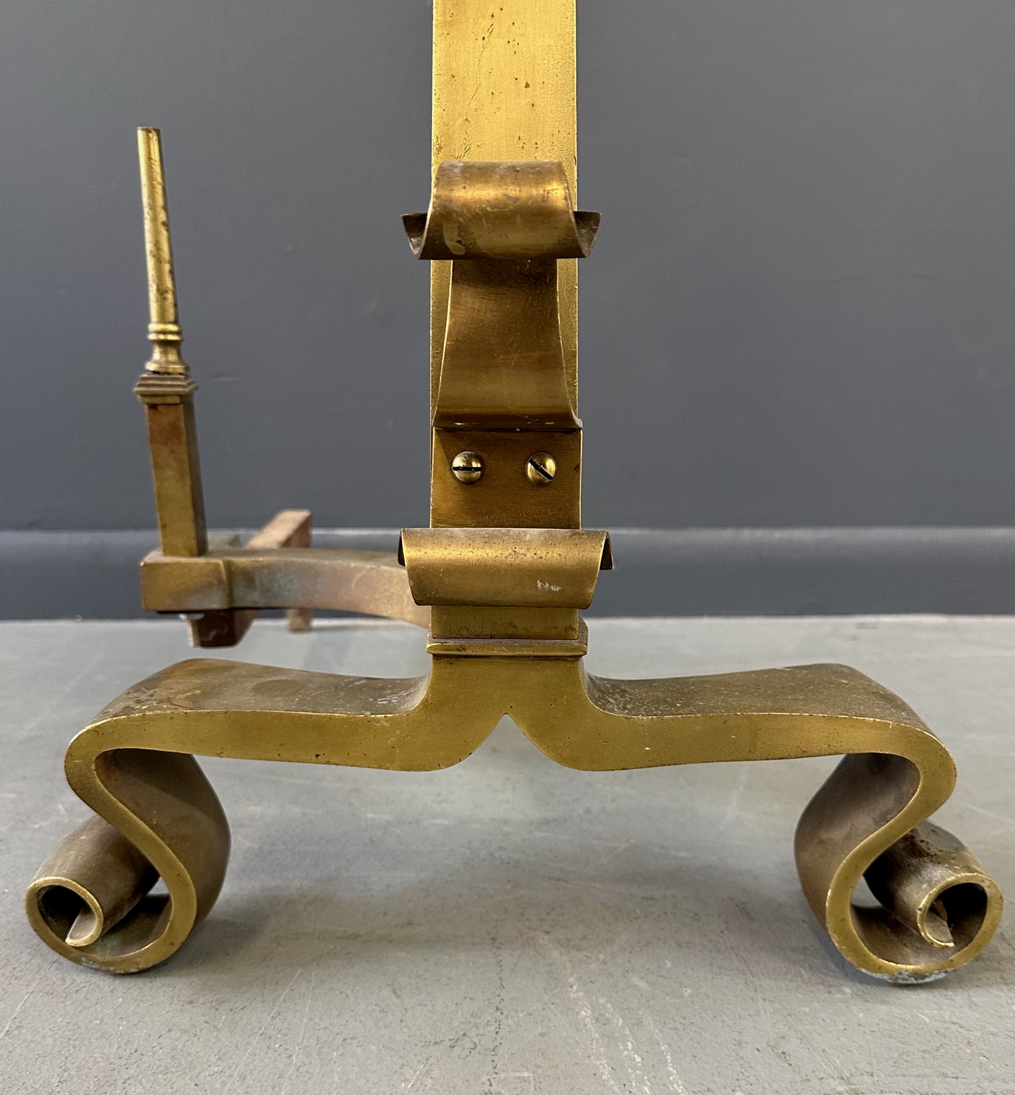 Set of Grand Antique Brass Columnar Andirons with Cannonball Finial