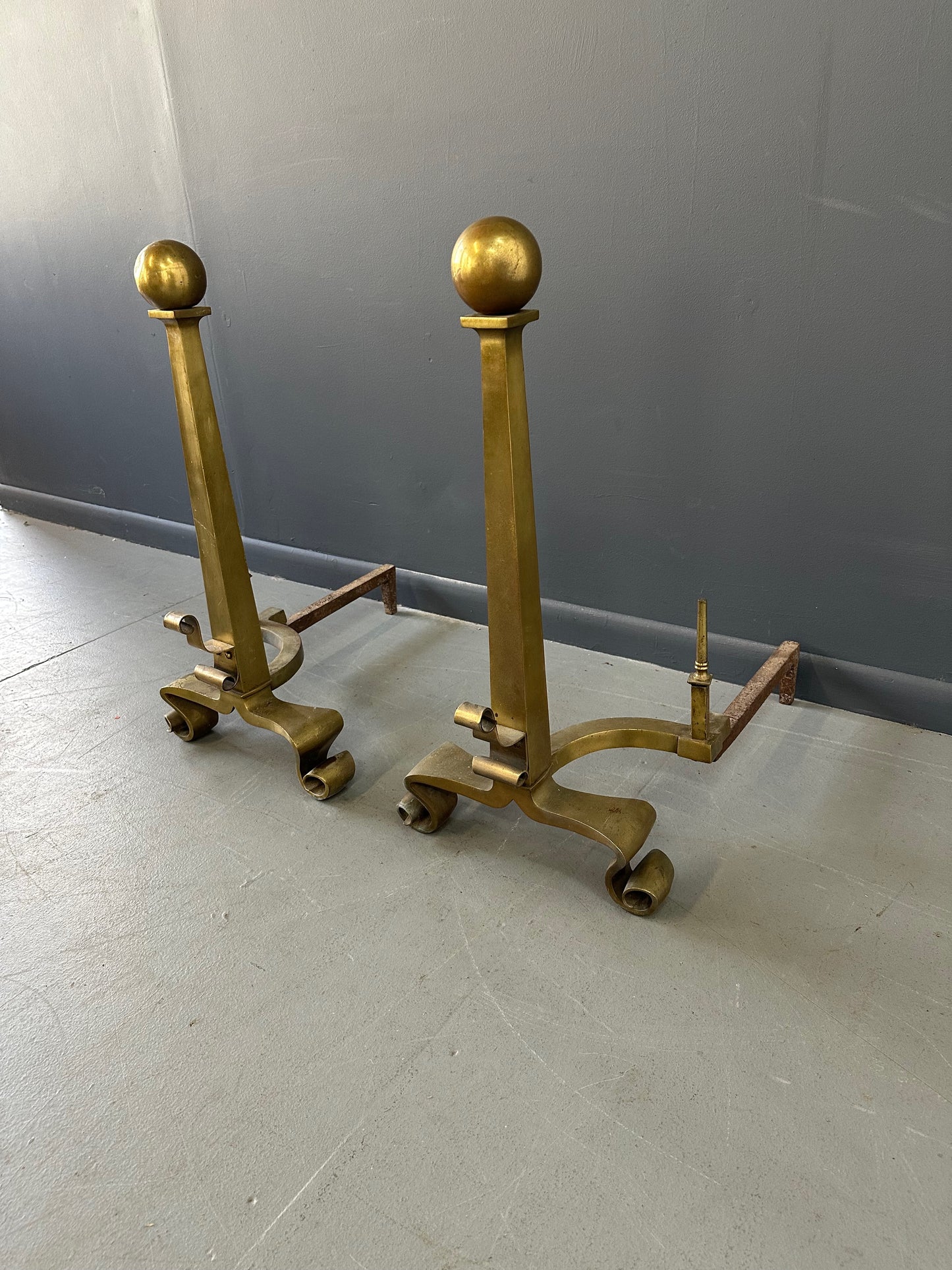 Set of Grand Antique Brass Columnar Andirons with Cannonball Finial