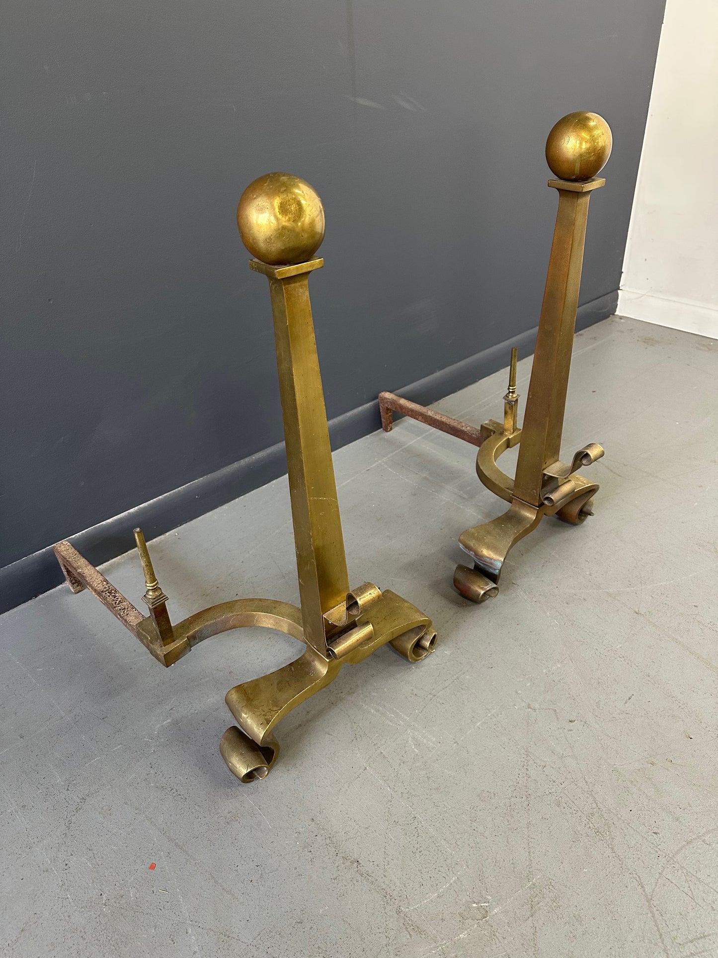 Set of Grand Antique Brass Columnar Andirons with Cannonball Finial
