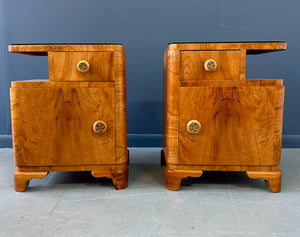 Art Deco Sculptural Nightstands With Bookmatched Burl Veneer