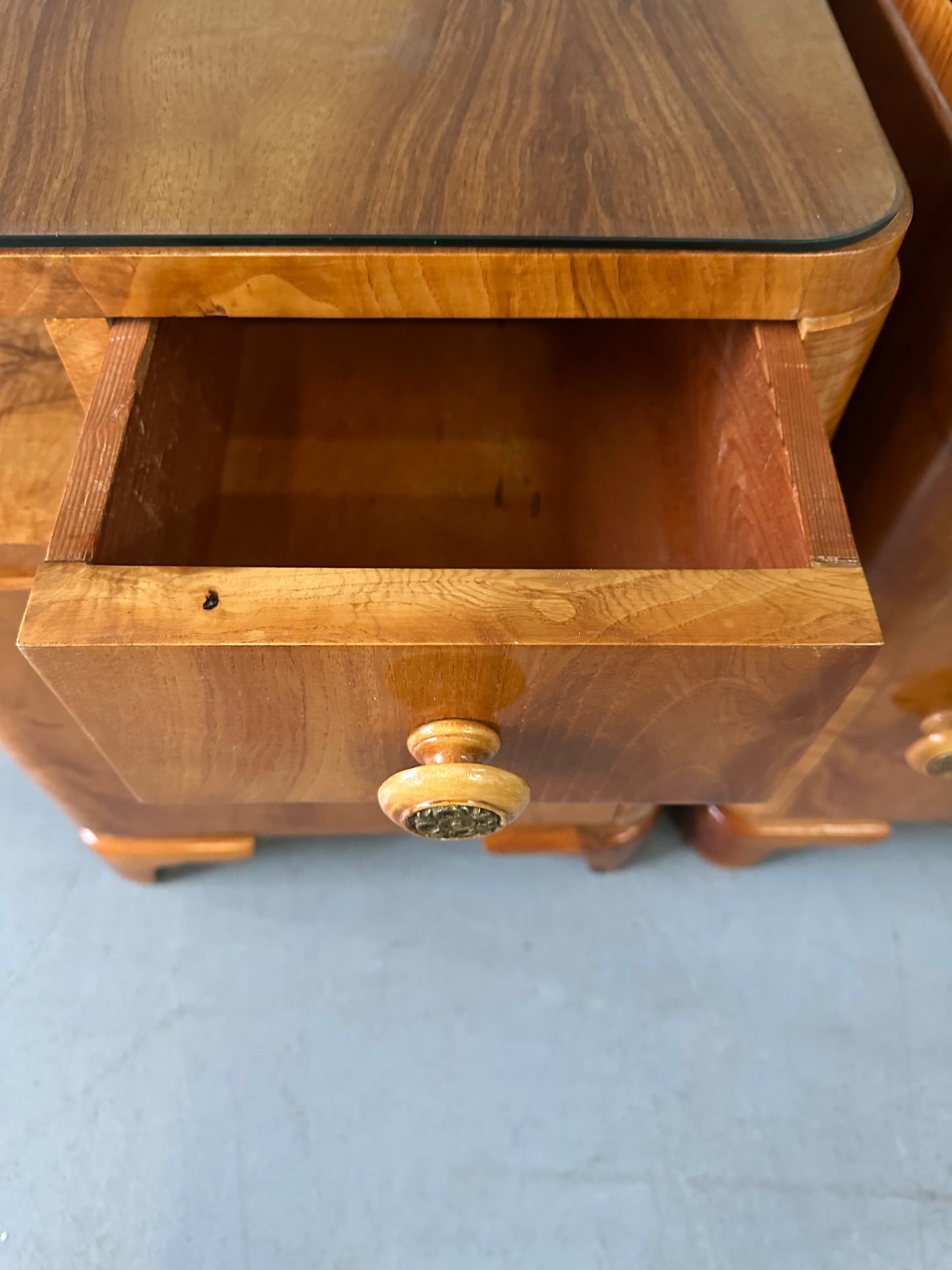 SOLD – Art Deco Sculptural Nightstands With Bookmatched Burl Veneer