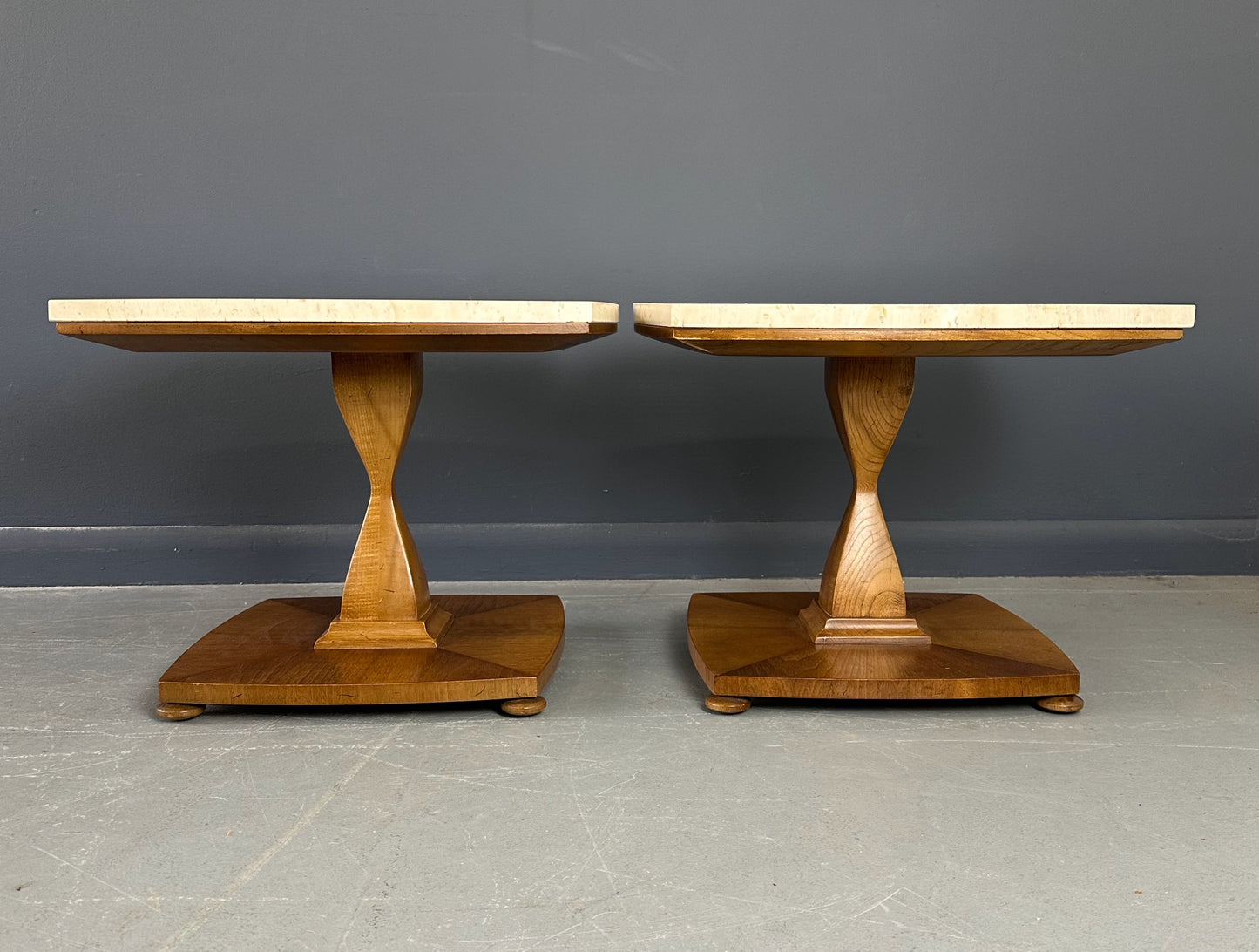 SOLD – Mid Century Drexel Travertine and Walnut Side Tables