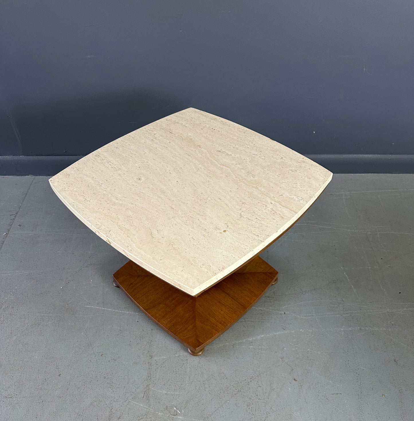 SOLD – Mid Century Drexel Travertine and Walnut Side Tables