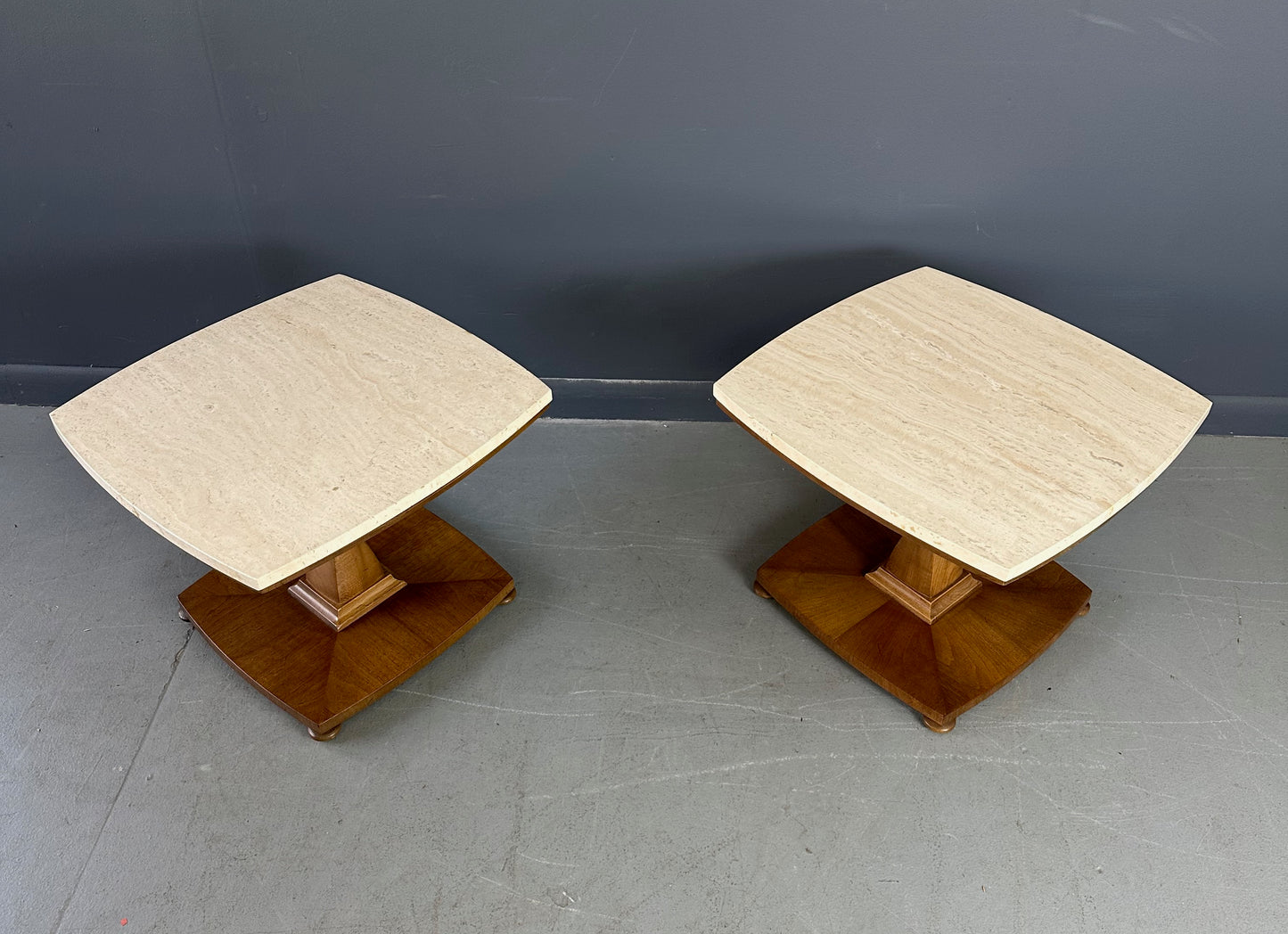 SOLD – Mid Century Drexel Travertine and Walnut Side Tables