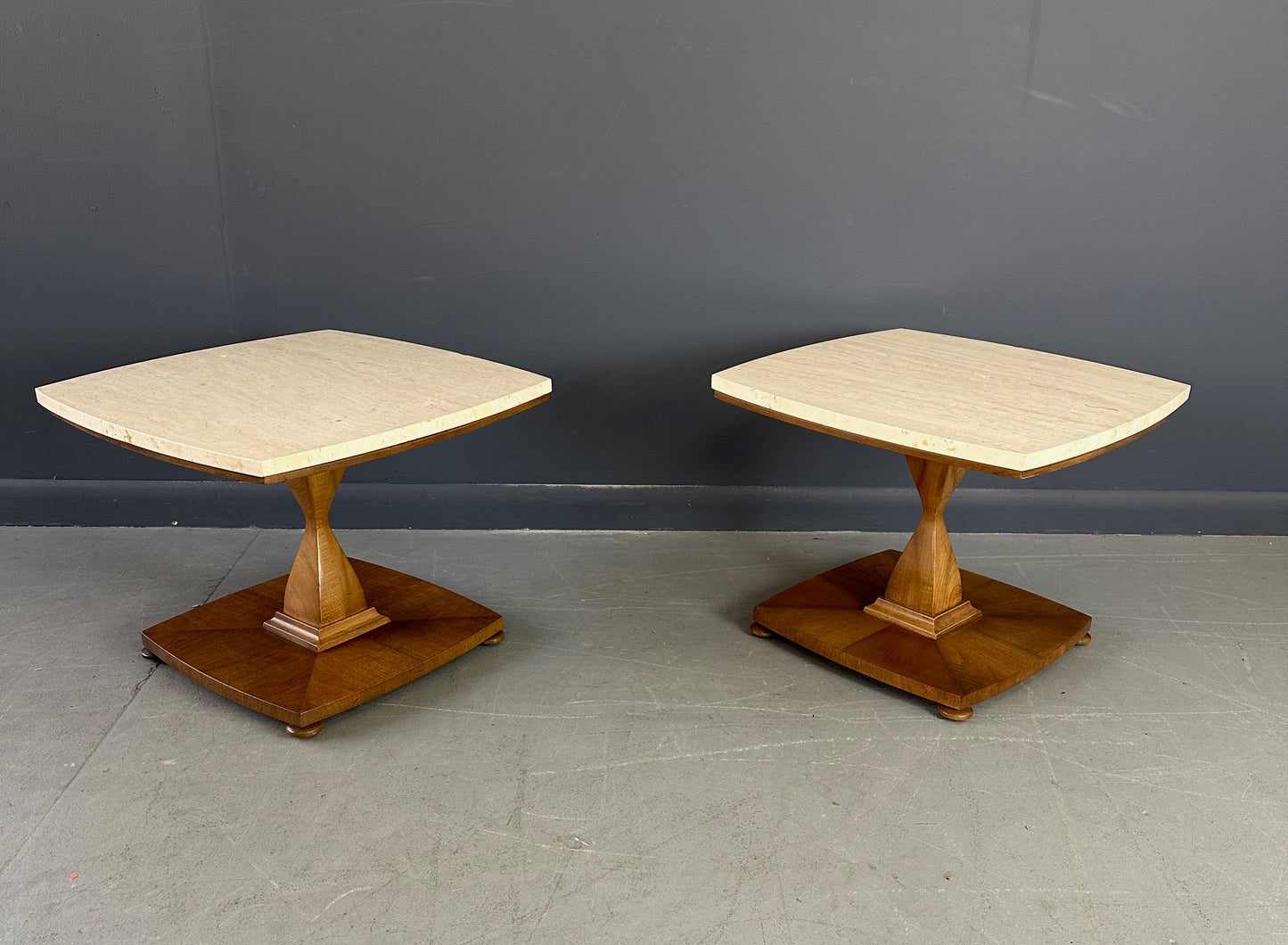 SOLD – Mid Century Drexel Travertine and Walnut Side Tables
