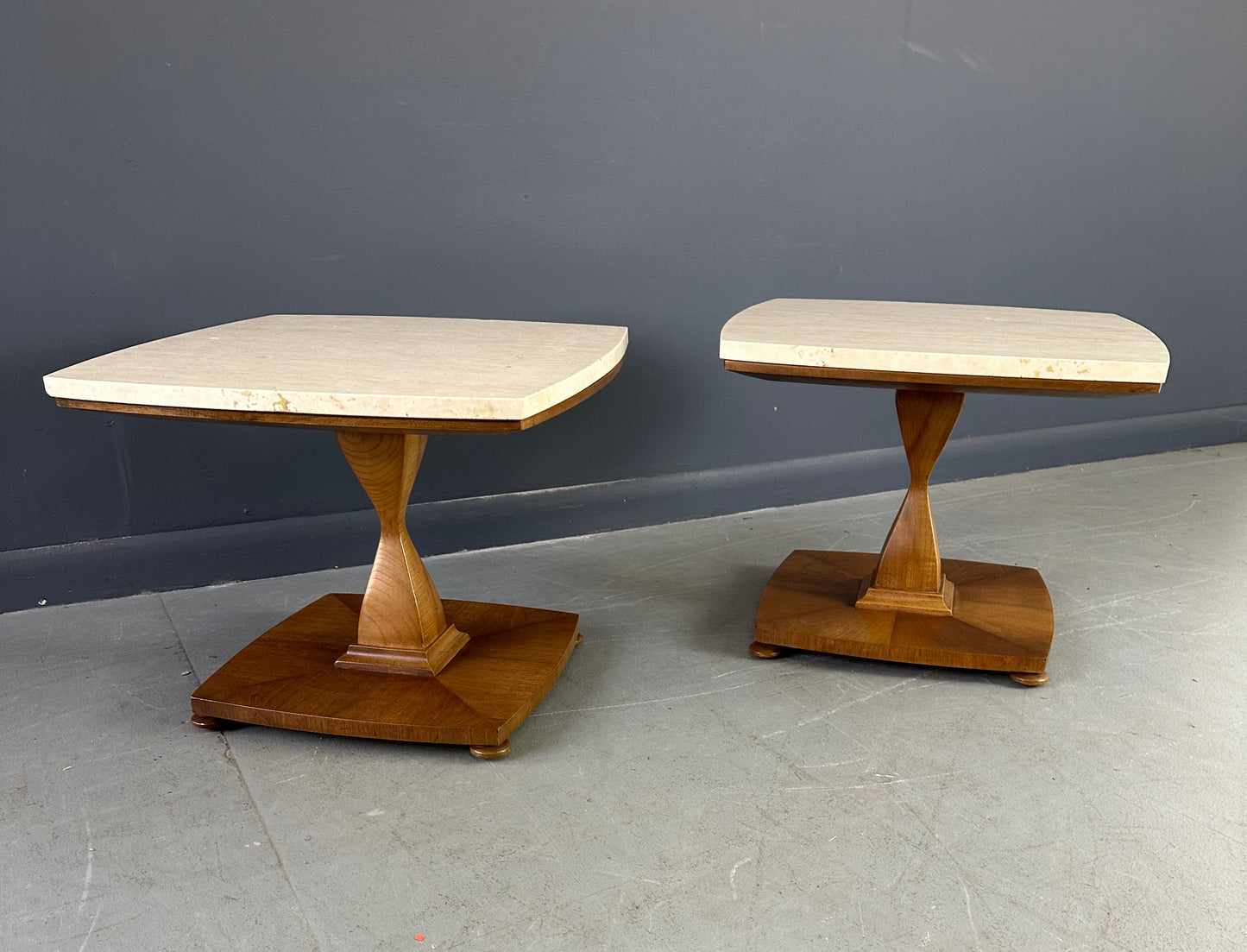 SOLD – Mid Century Drexel Travertine and Walnut Side Tables
