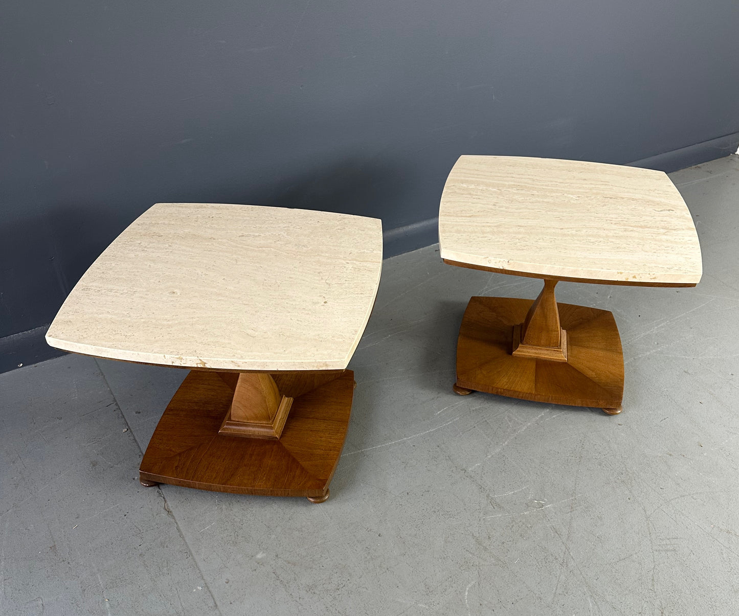 SOLD – Mid Century Drexel Travertine and Walnut Side Tables