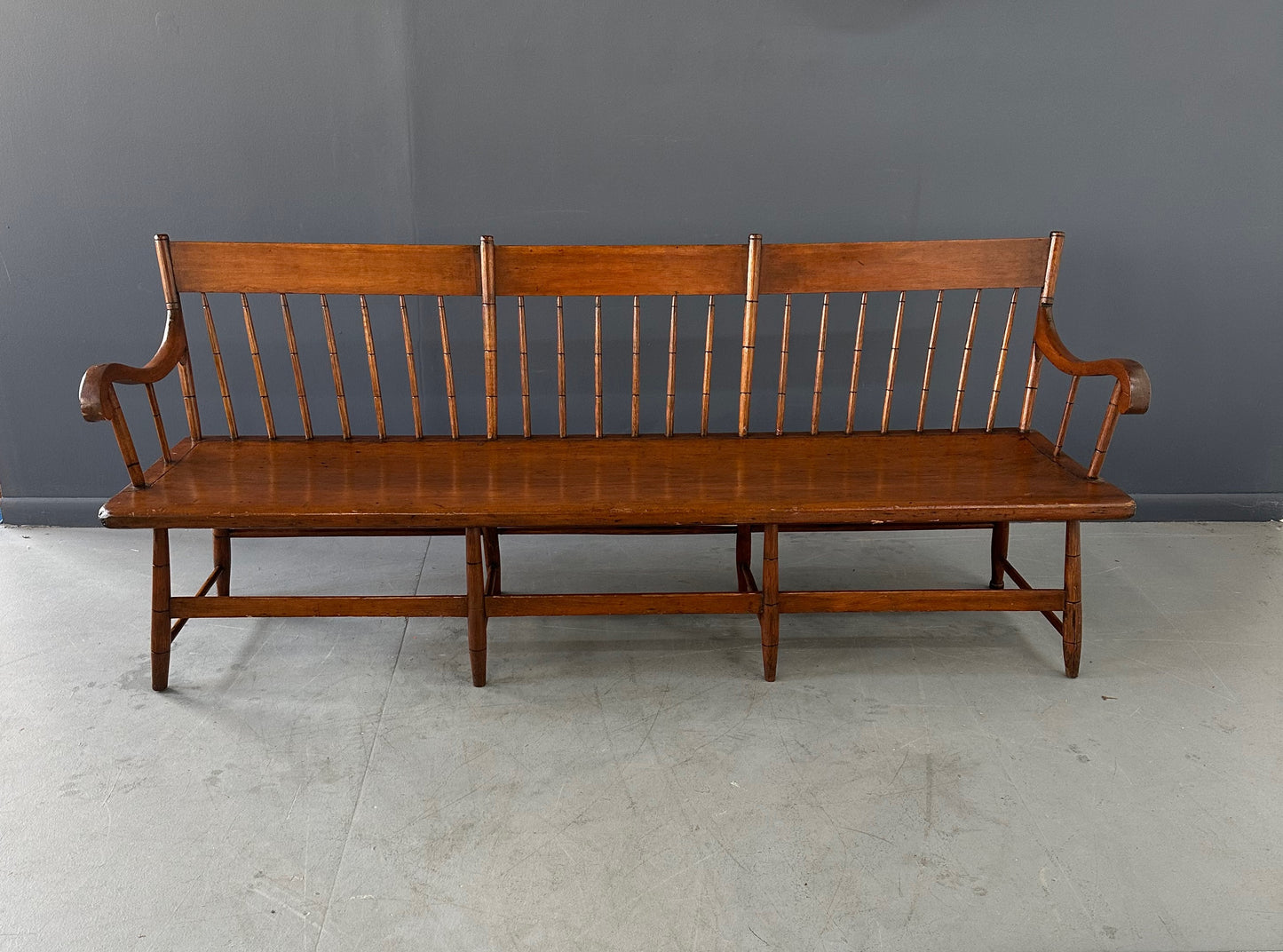 SOLD – Antique Pine Rustic Spindle Back Long Deacon's Bench