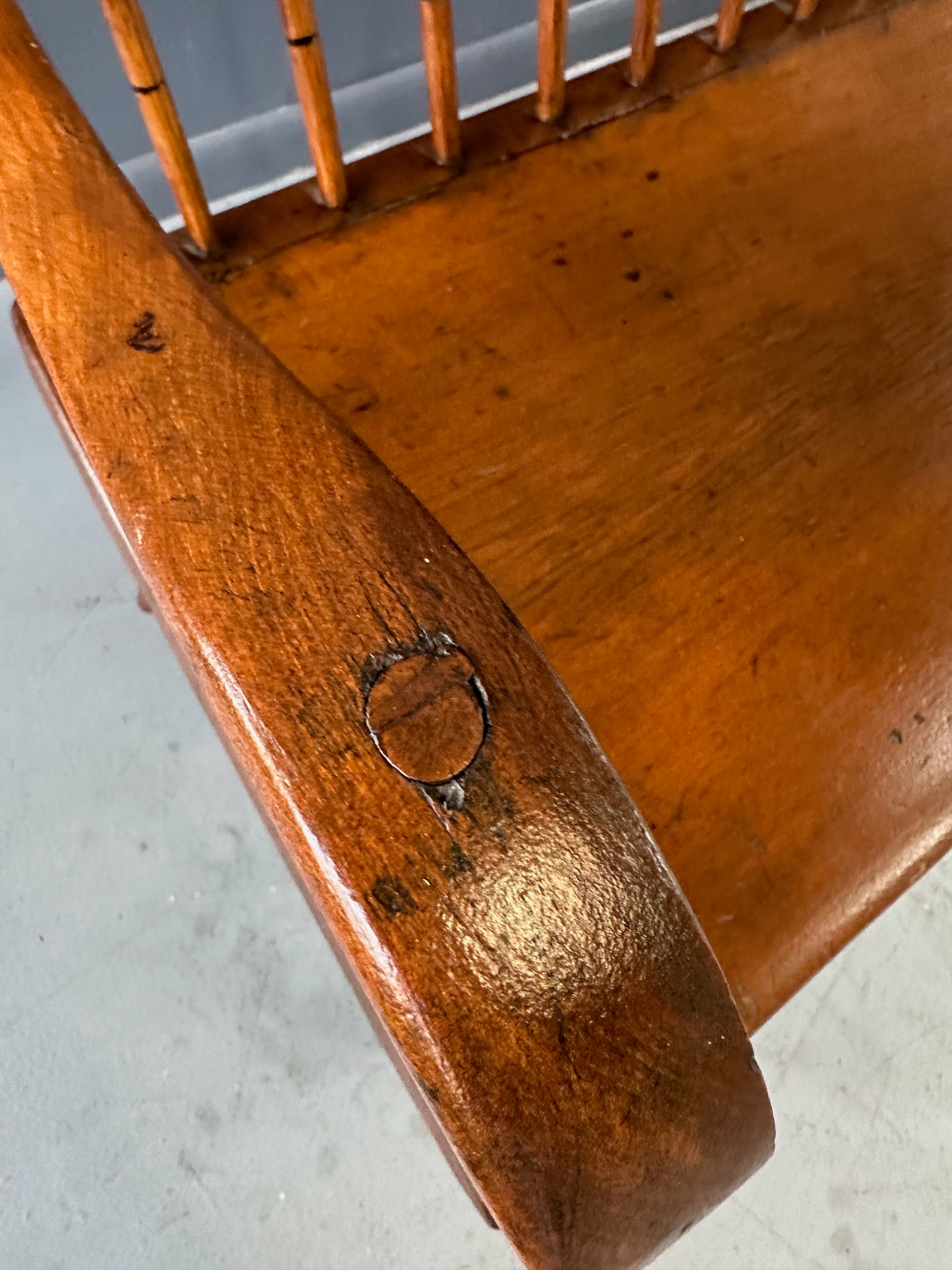 SOLD – Antique Pine Rustic Spindle Back Long Deacon's Bench