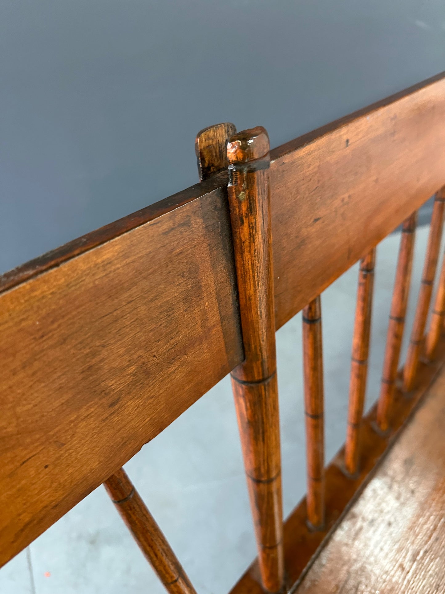SOLD – Antique Pine Rustic Spindle Back Long Deacon's Bench