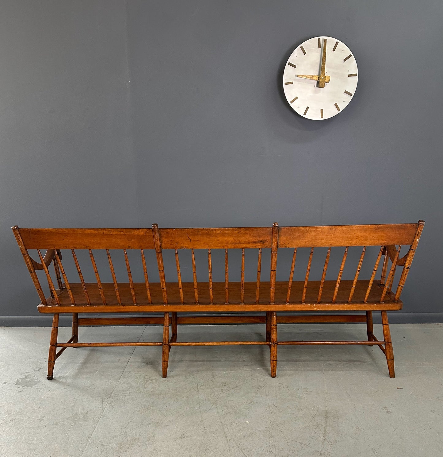 SOLD – Antique Pine Rustic Spindle Back Long Deacon's Bench