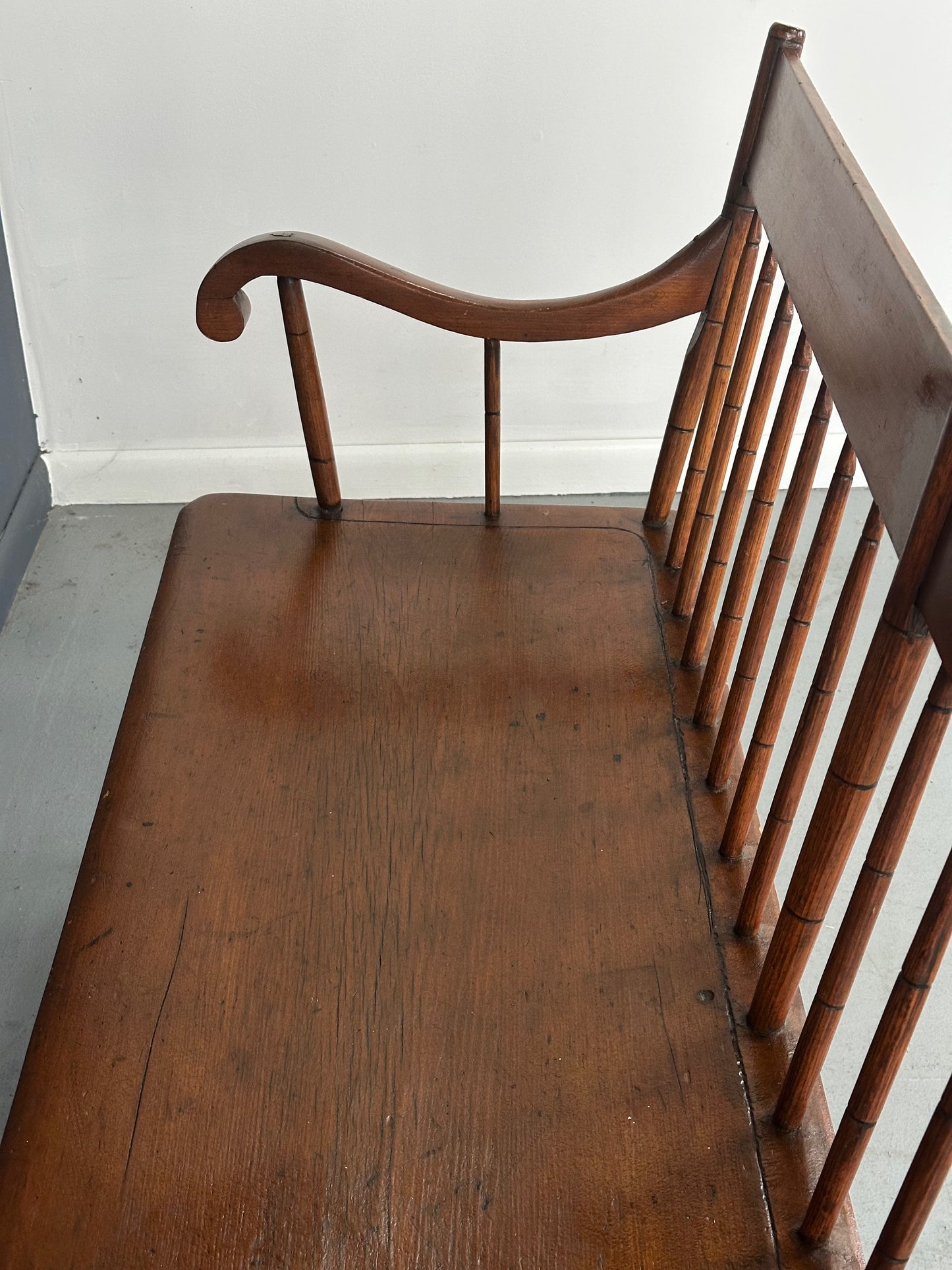 SOLD – Antique Pine Rustic Spindle Back Long Deacon's Bench