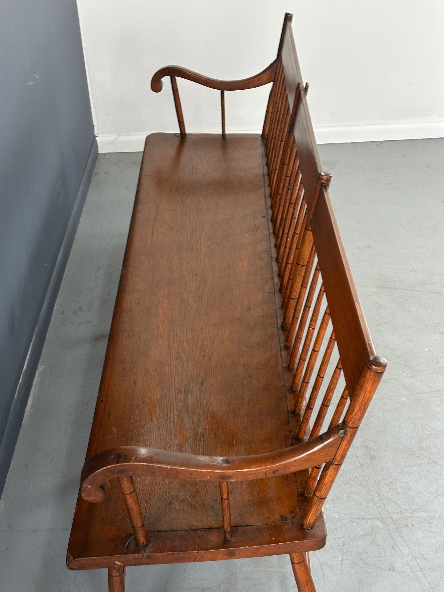 SOLD – Antique Pine Rustic Spindle Back Long Deacon's Bench