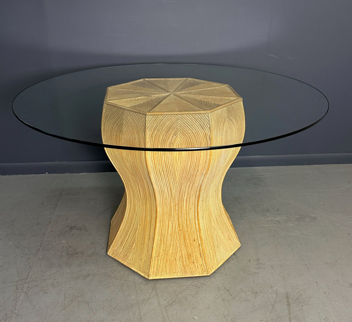 1980s Pencil Reed and Glass Curvaceous Dining Table Post Modern