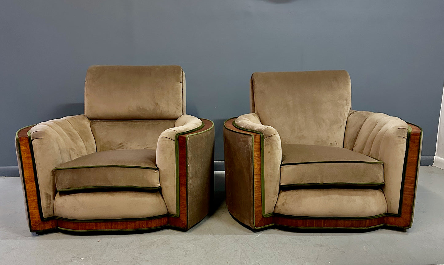Pair of Art Deco Tank Lounge Chairs in Mocha Velvet with Green Trim and Curved Wood Accents