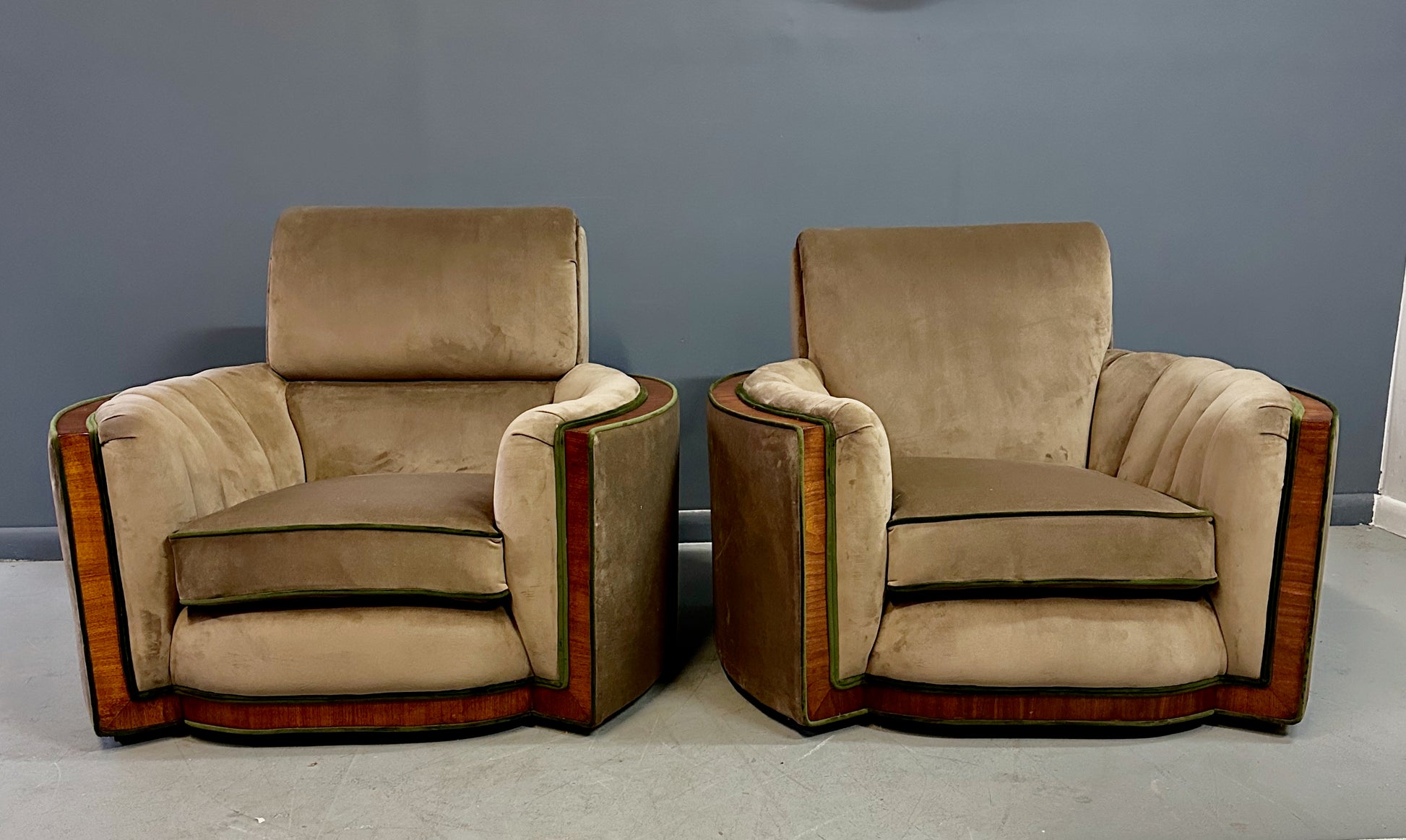 Pair of Art Deco Tank Lounge Chairs in Mocha Velvet with Green Trim and Curved Wood Accents