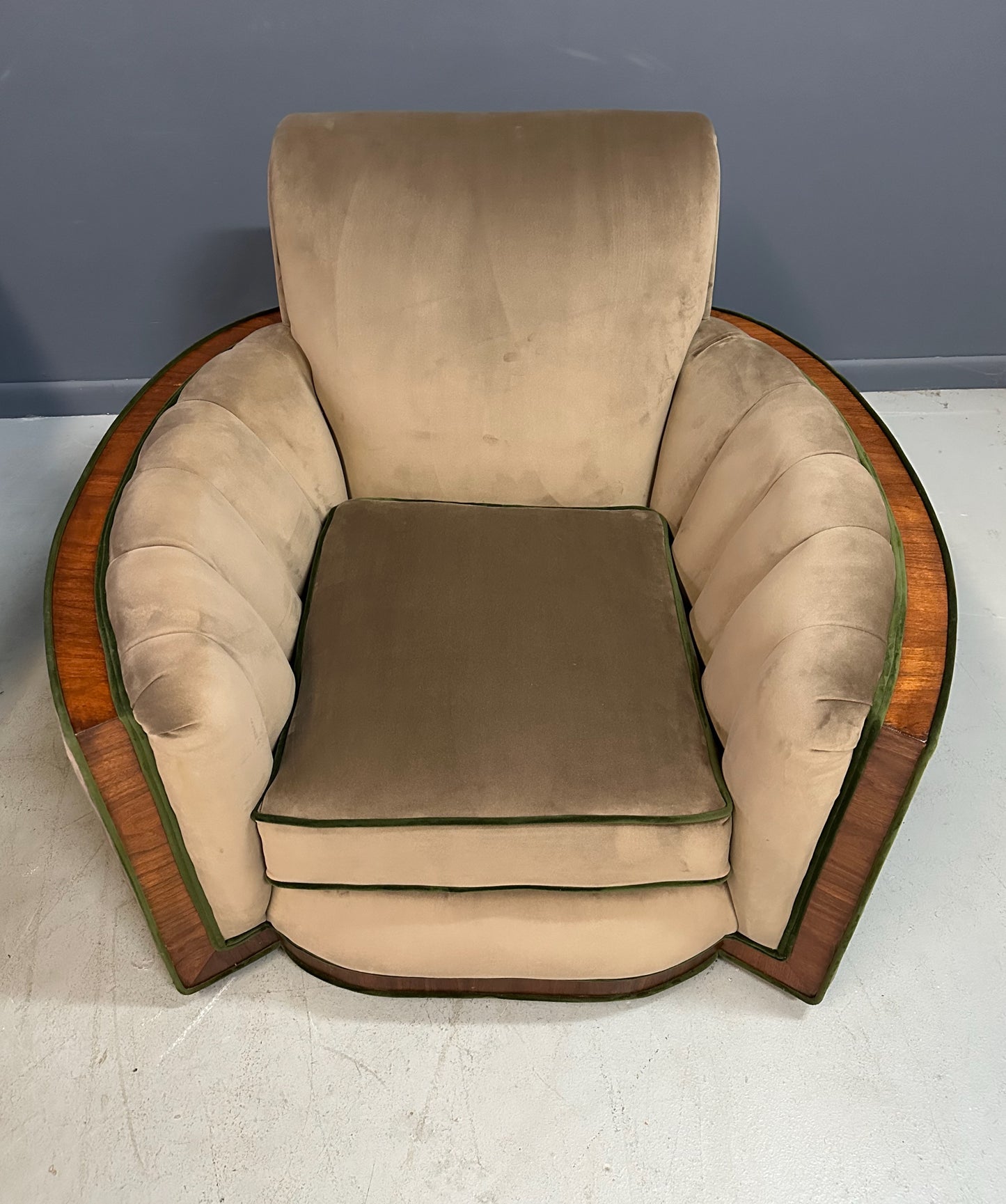 Pair of Art Deco Tank Lounge Chairs in Mocha Velvet with Green Trim and Curved Wood Accents