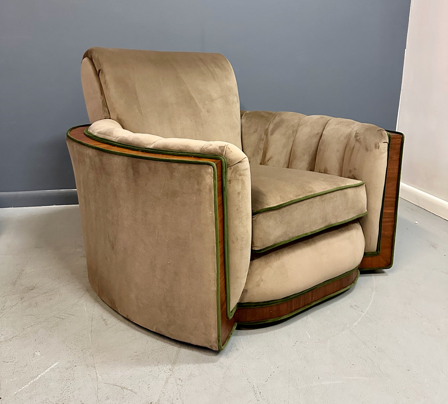 Pair of Art Deco Tank Lounge Chairs in Mocha Velvet with Green Trim and Curved Wood Accents