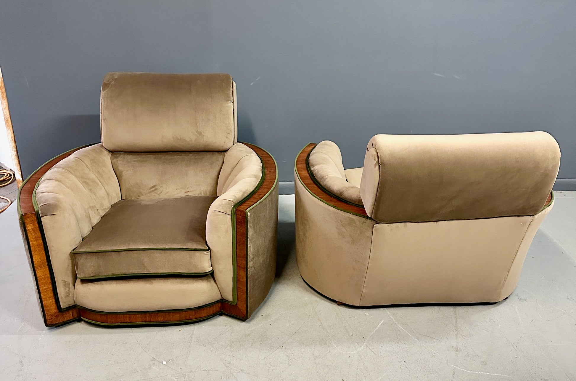 Pair of Art Deco Tank Lounge Chairs in Mocha Velvet with Green Trim and Curved Wood Accents