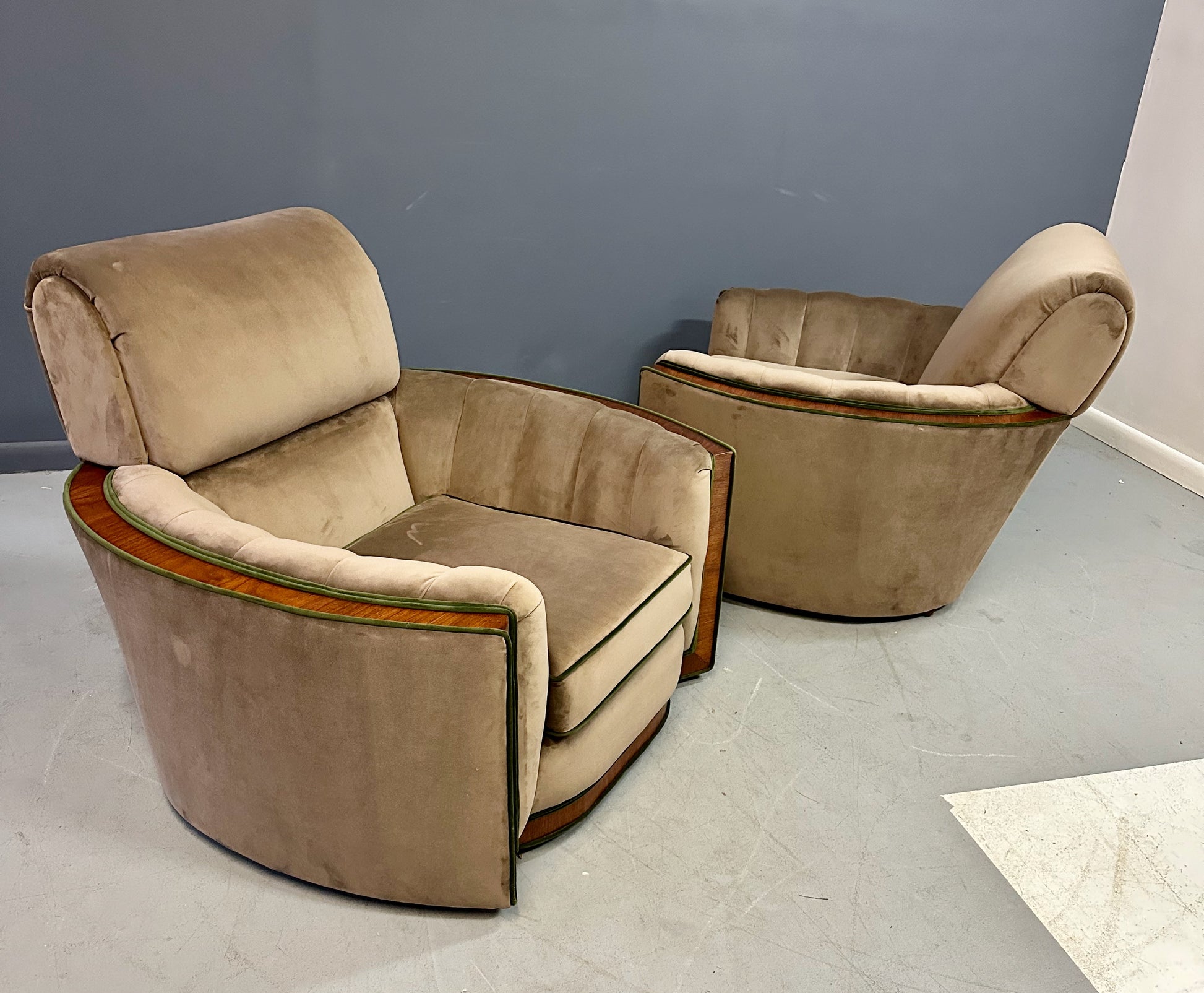 Pair of Art Deco Tank Lounge Chairs in Mocha Velvet with Green Trim and Curved Wood Accents